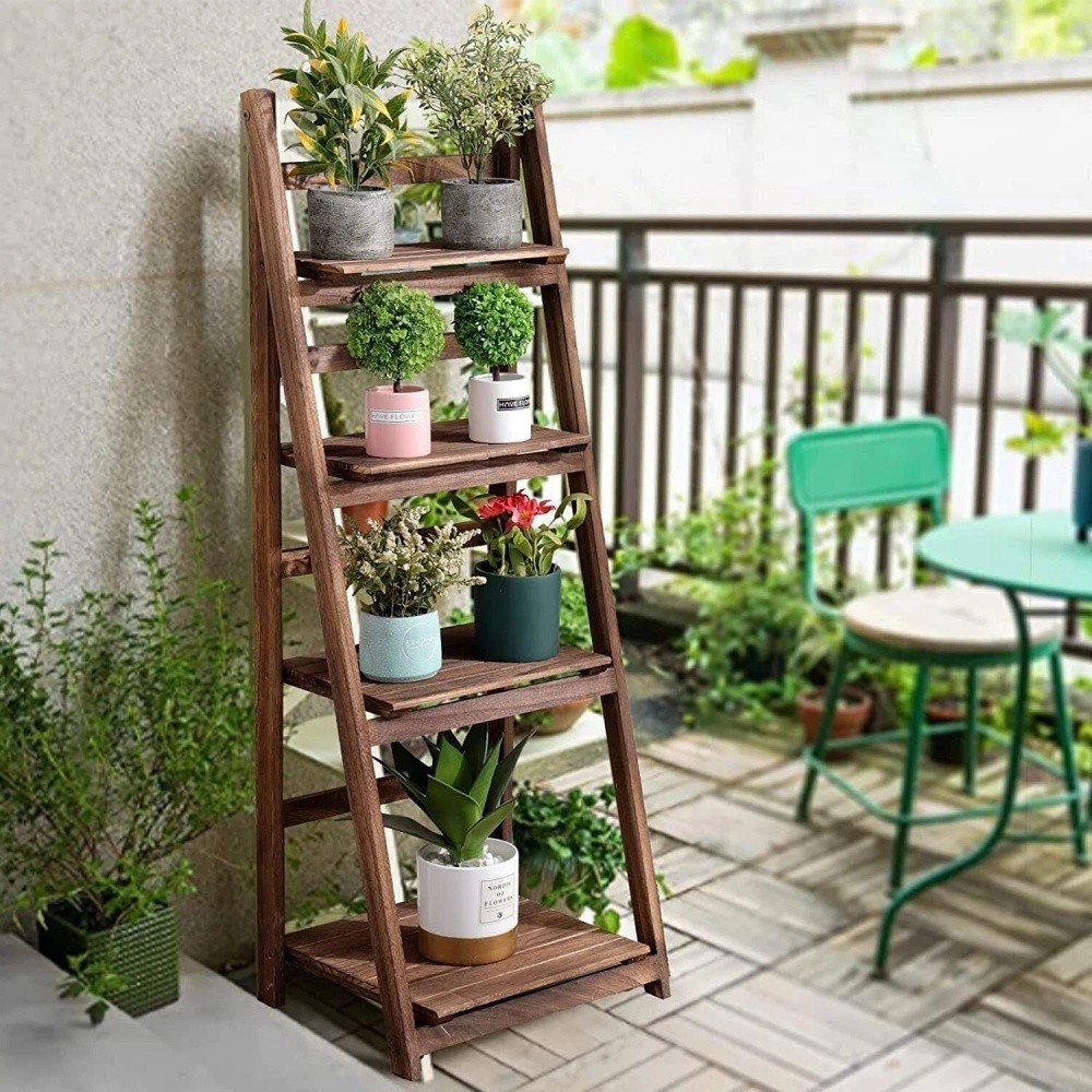 Wooden Foldable Plant Stand Ladder Shelf Crossbar Magazine Holder Etagere Rack