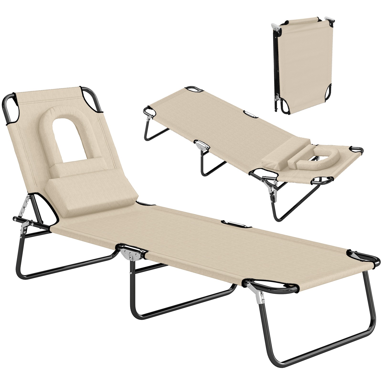 Outsunny Folding Sun Lounger Reclining Chair w/ Pillow Reading Hole Beige