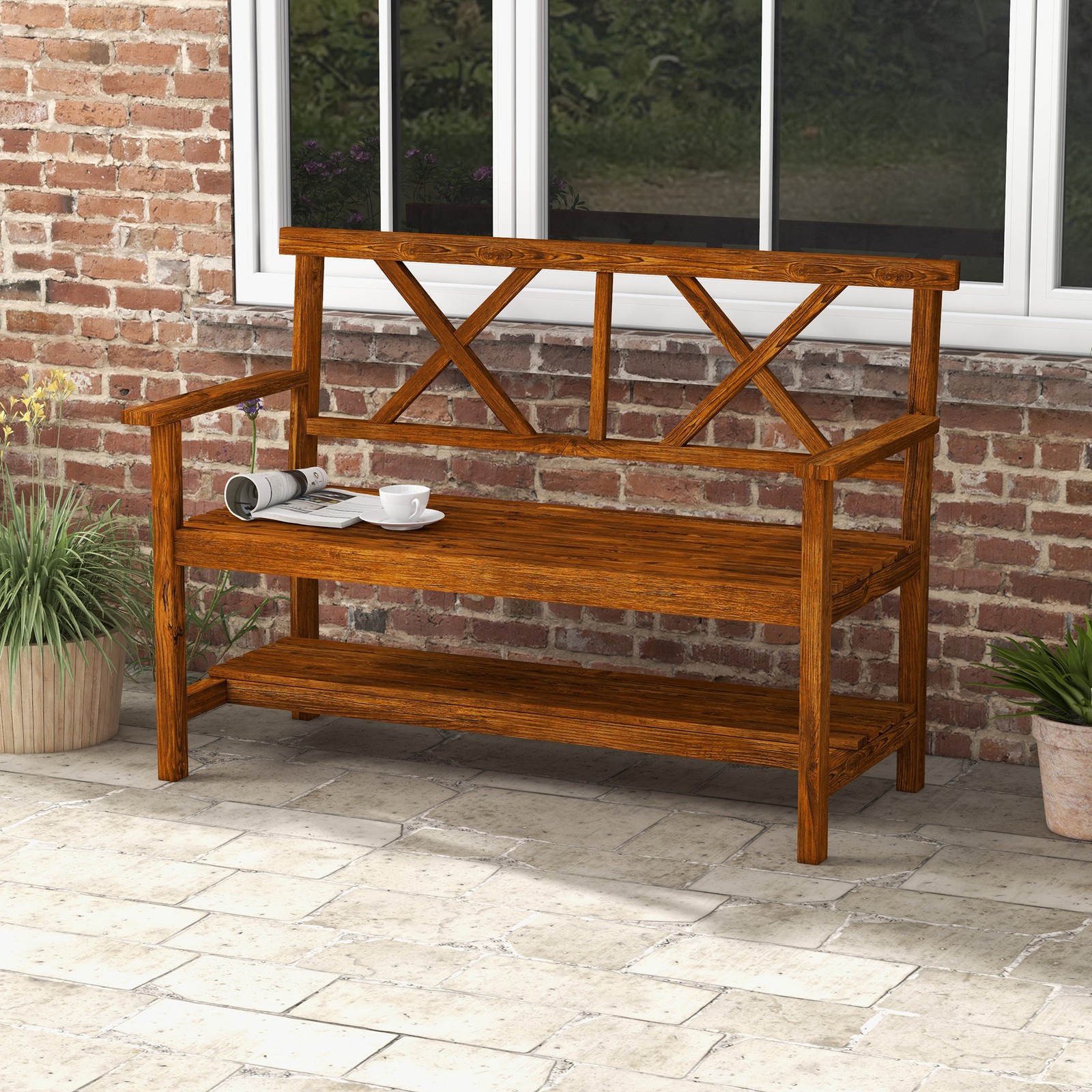 Wooden Garden Bench with Backrest, Armrests and Slat Seat for Patio Lawn Deck
