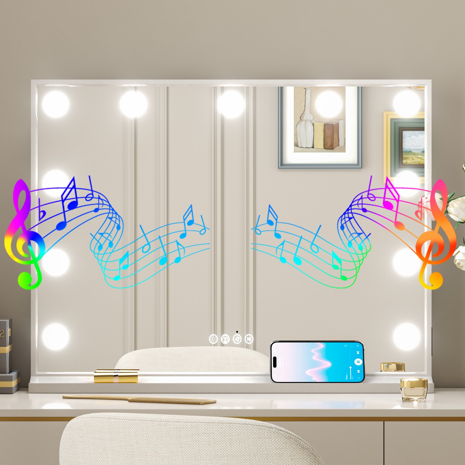 Large White Vanity Mirror Makeup with RGB Lights Bluetooth Play Hollywood Mirror