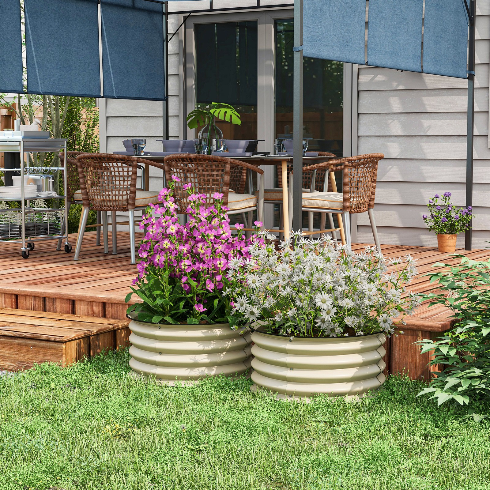Set of 2 Raised Garden Bed Metal Planter Box with Safety Edging, Cream White