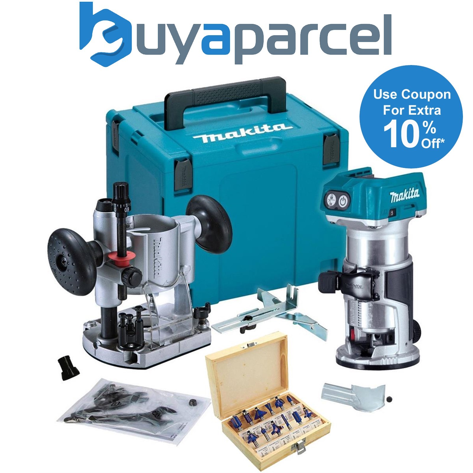 Makita DRT50Z 18V Cordless Brushless Laminate Router Trimmer + Plunge Base + Set