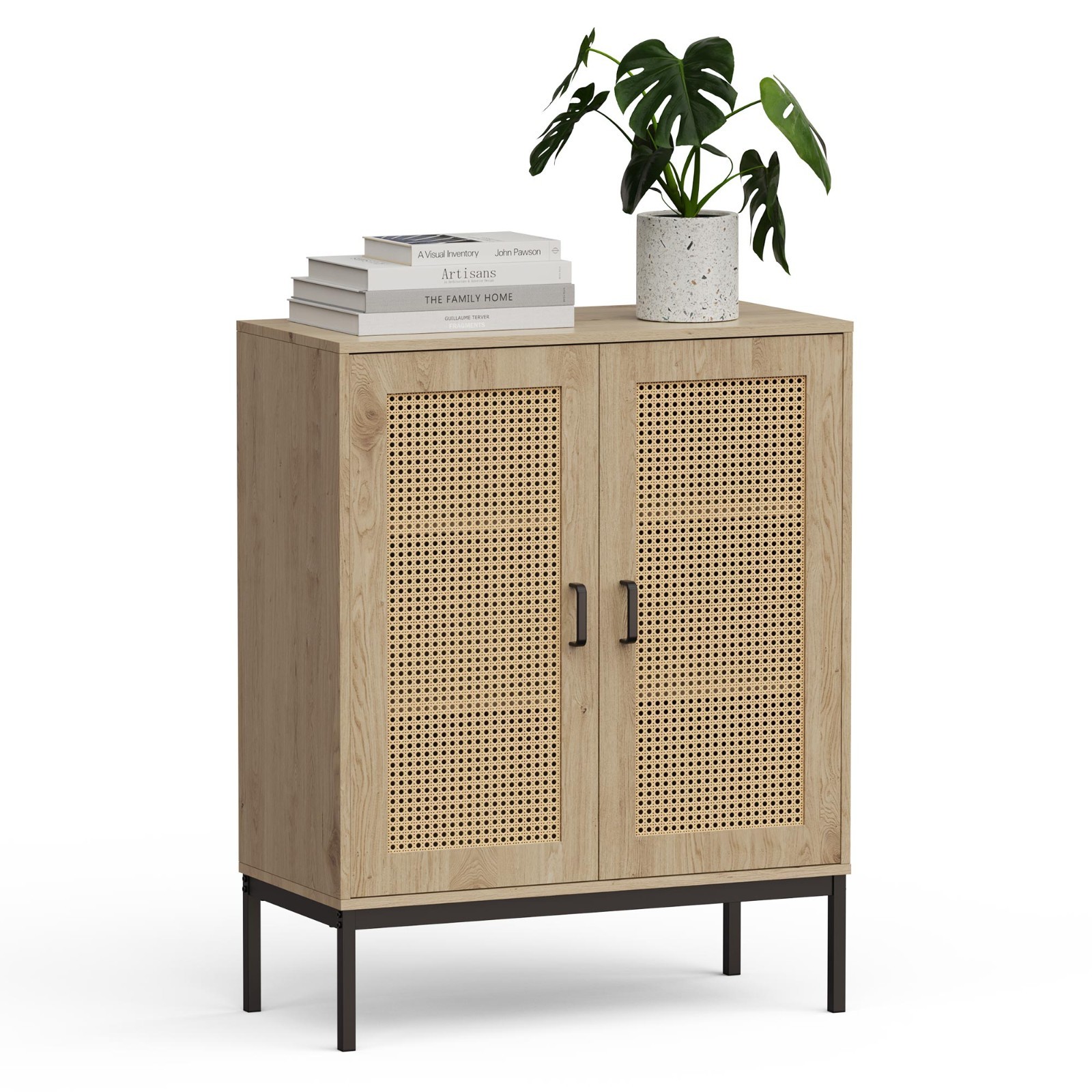 Rattan Effect Sideboard for Living Room, Cabinet with 3 Storage Shelves, Vonhaus