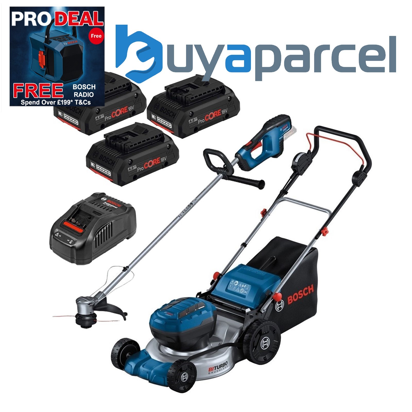 Bosch GRA 18V2-46 Cordless Lawn Mower + GRT18V-33 Brushless Strimmer + 3x 4AH