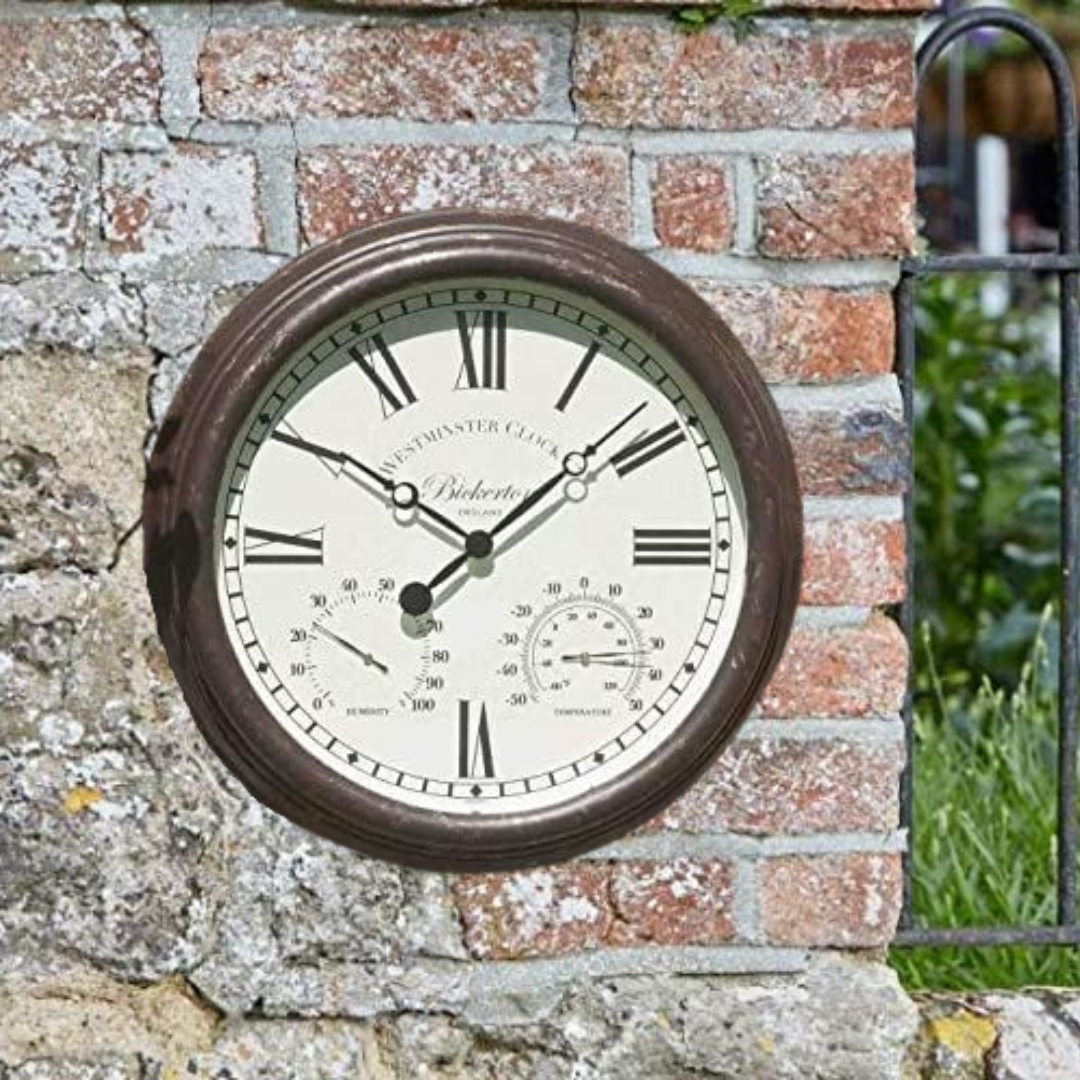 Garden Wall Clock Thermometer 15" Round Battery Operated Roman Numerals Large