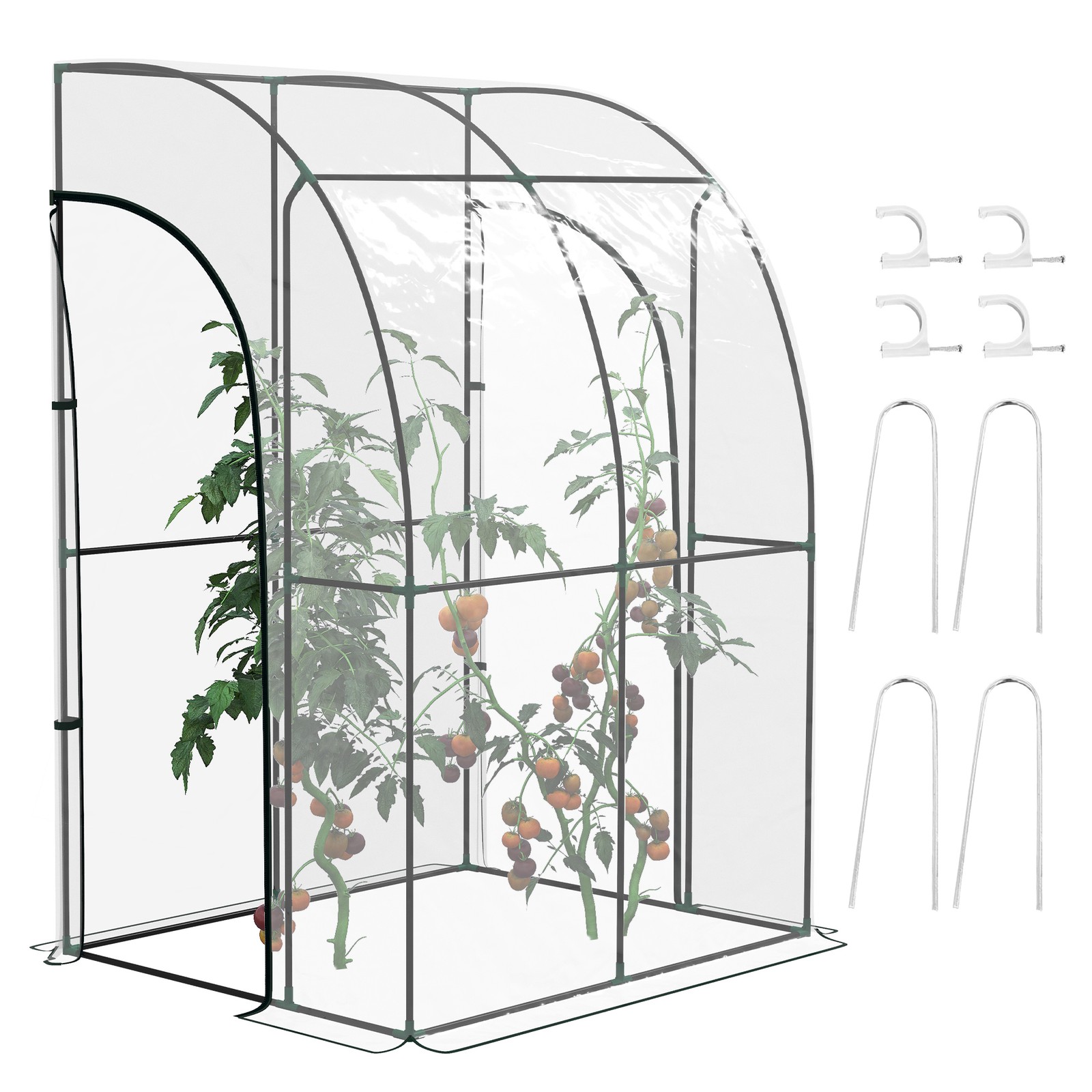Outsunny 143x118x212cm Walk-In Lean to Wall Tunnel Plastic Greenhouse with Doors