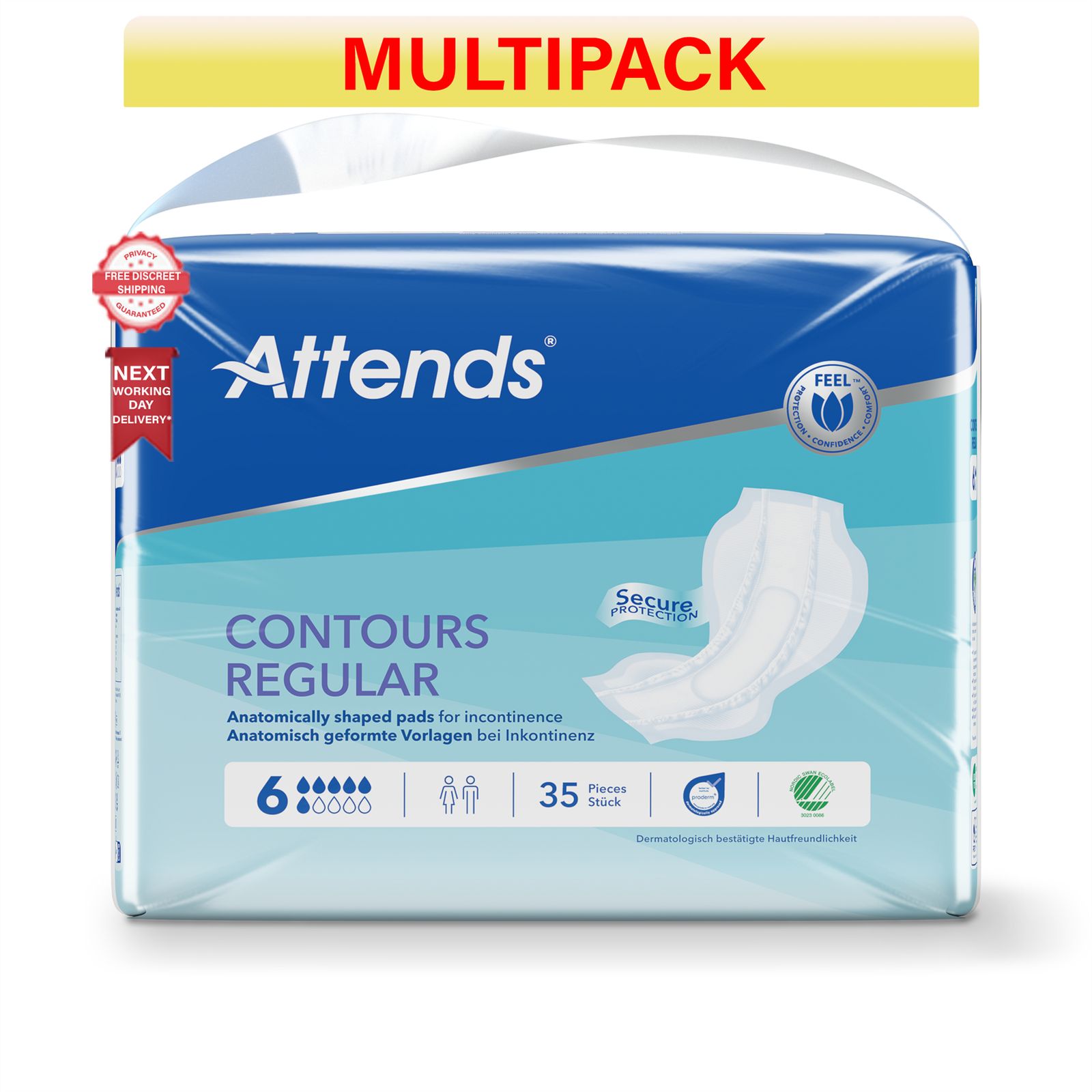 140 x Attends Contours Regular 6 Drop| Incontinence Pads |4 Packs of 35