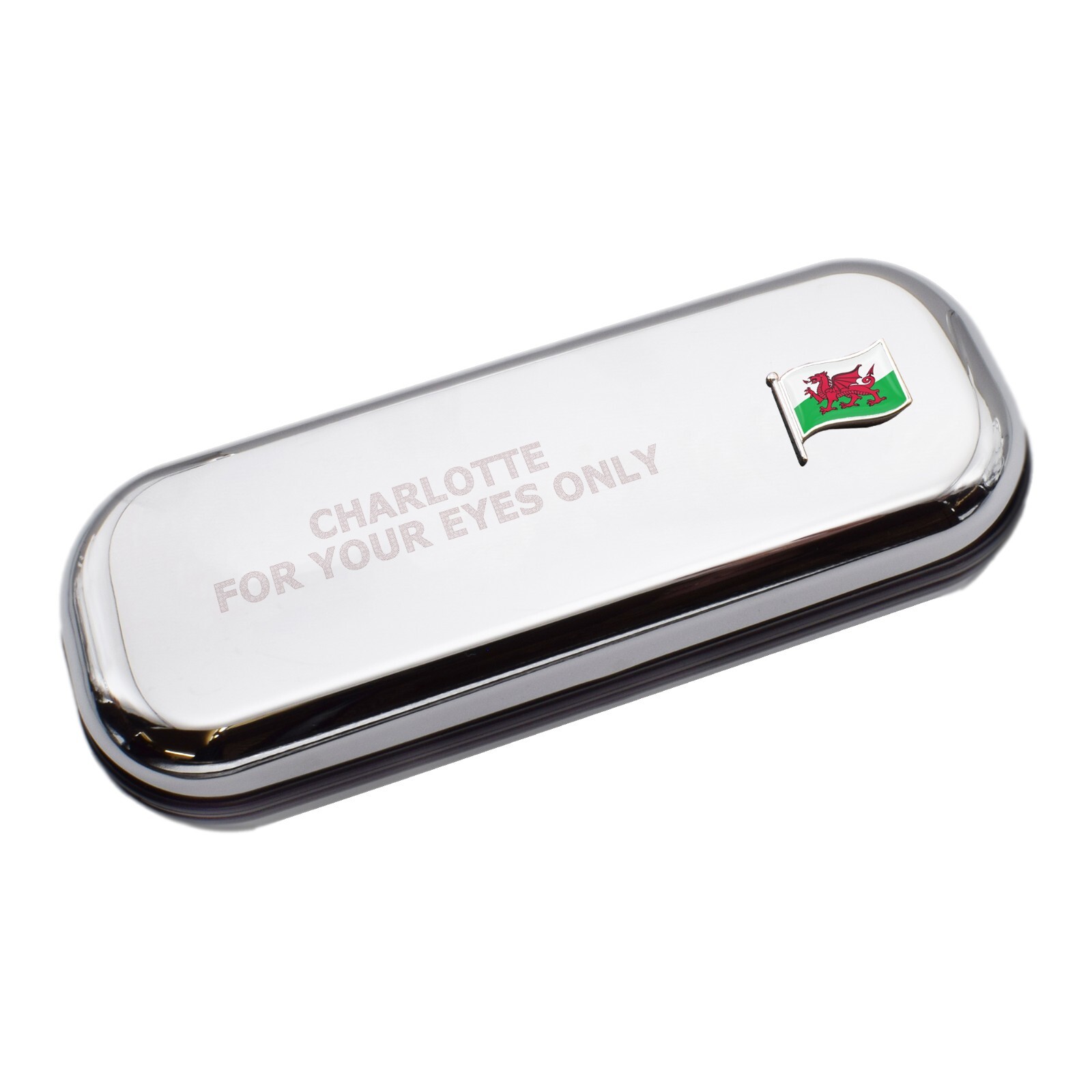 Wales Wave Flag & Engraved With Message Chromed Glasses Case Box