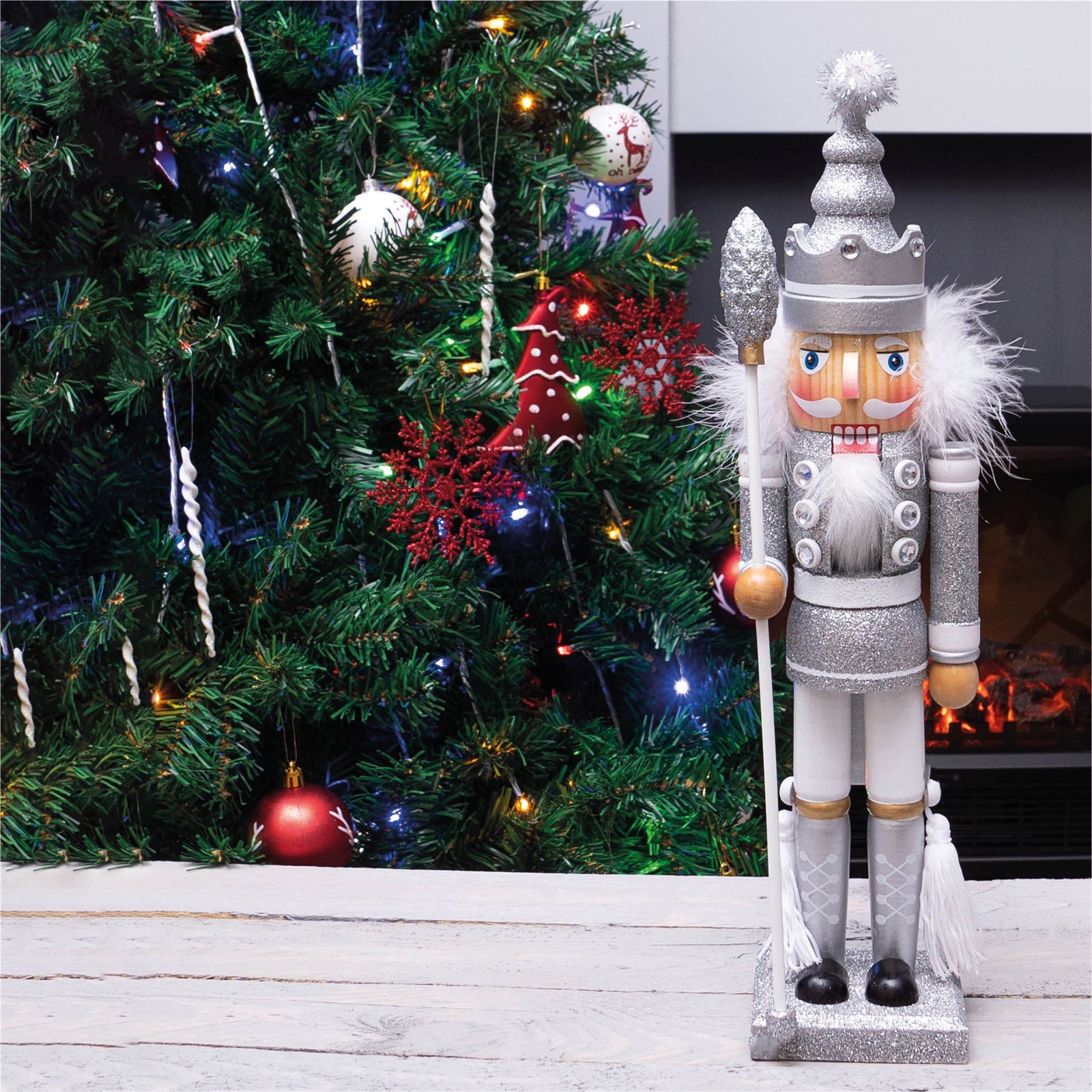 40cm Traditional Christmas Nutcracker Wooden Soldier Decoration Silver and White
