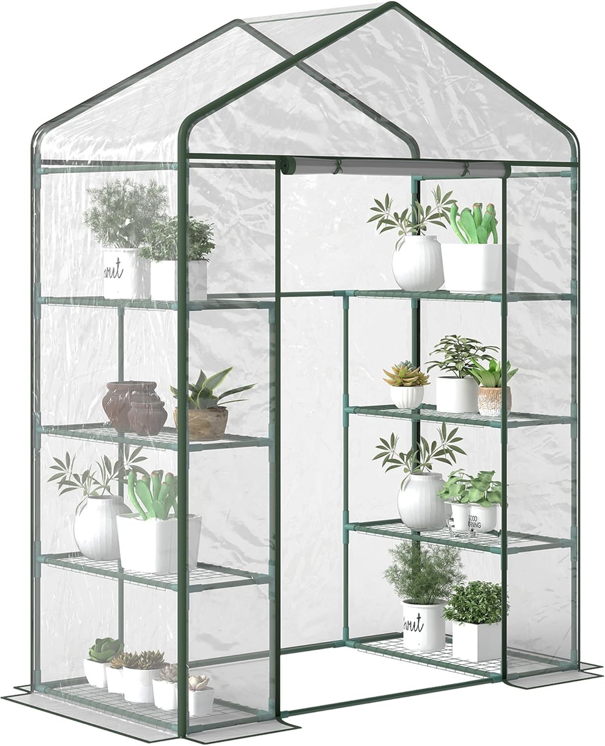 Outsunny Walk in Greenhouse with 4-Tier 8 Shelves, Green House with Hemmed Cove