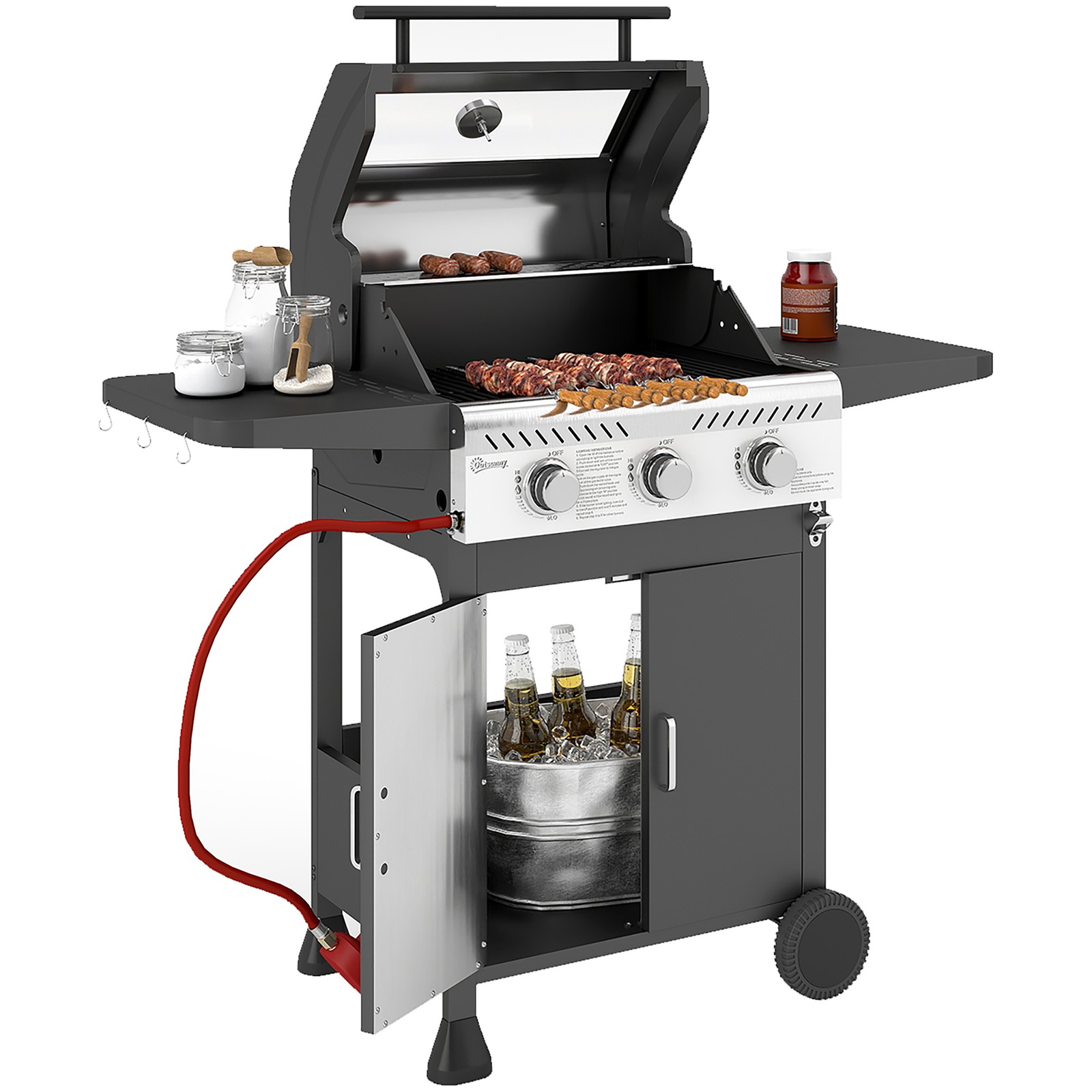 Outsunny 3 Burner Propane Gas BBQ Grill with See-through Lid and Thermometer