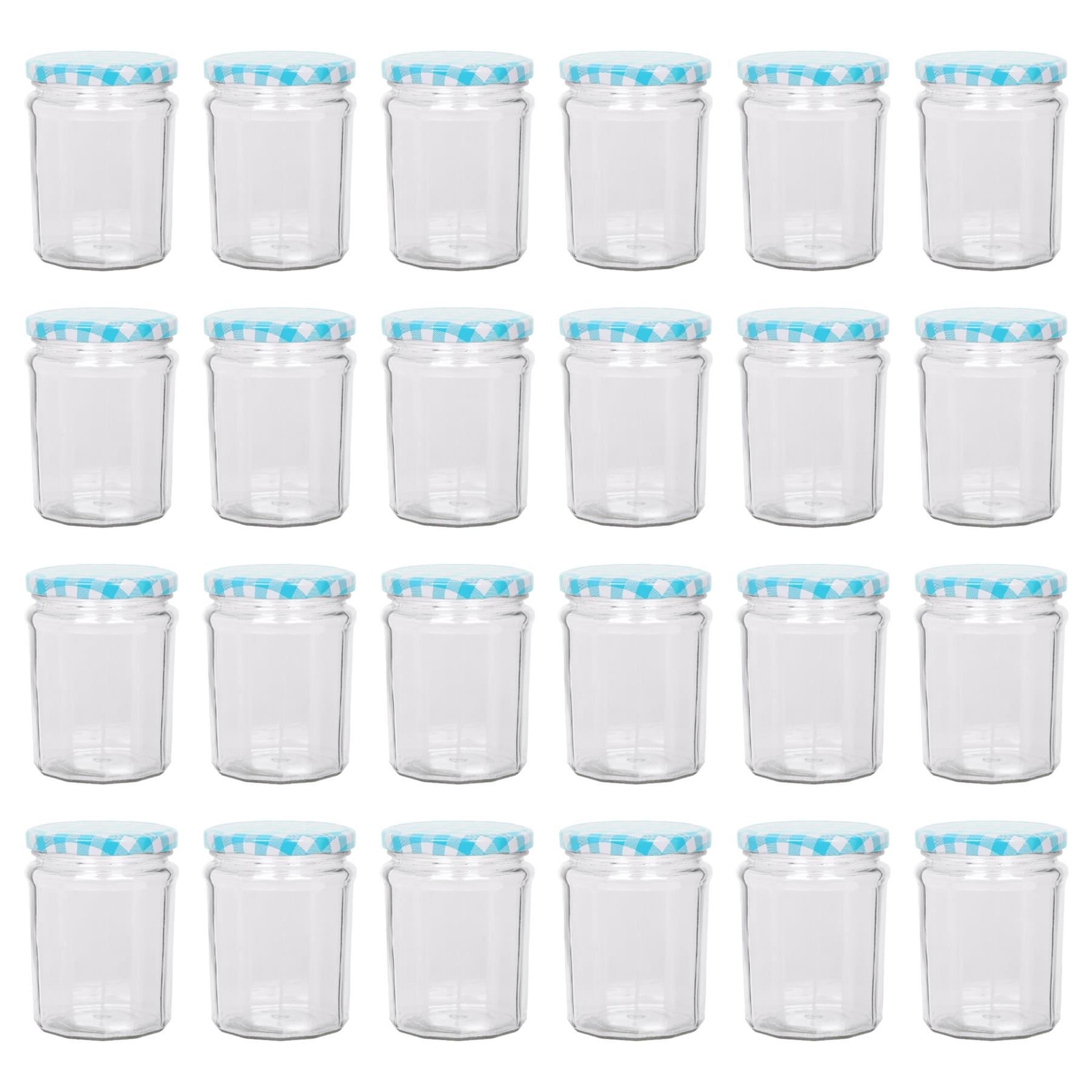 24x 380ml Glass Jam Jars with Blue Gingham Lids Chutney Preserve Honey Storage