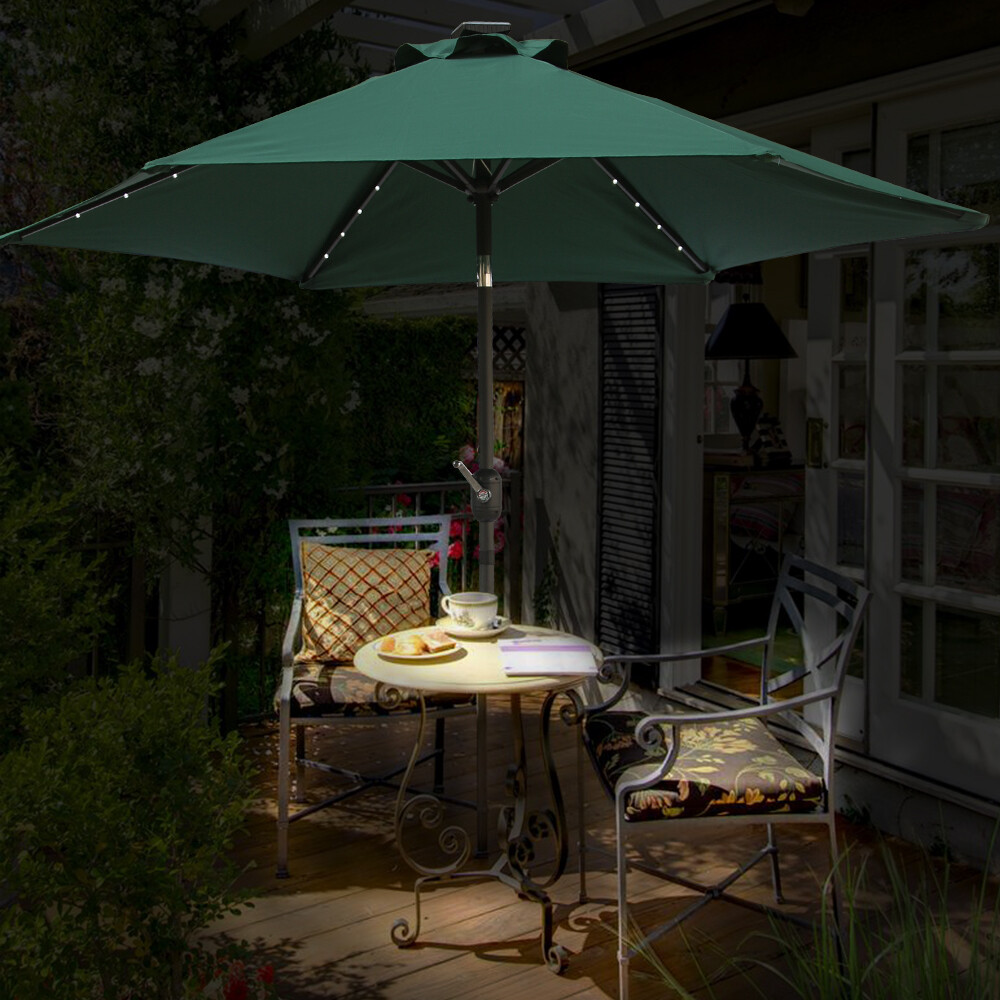 2.5M Green Patio Parasol Solar LED Light Sun Shade Umbrella with Crank Tilt