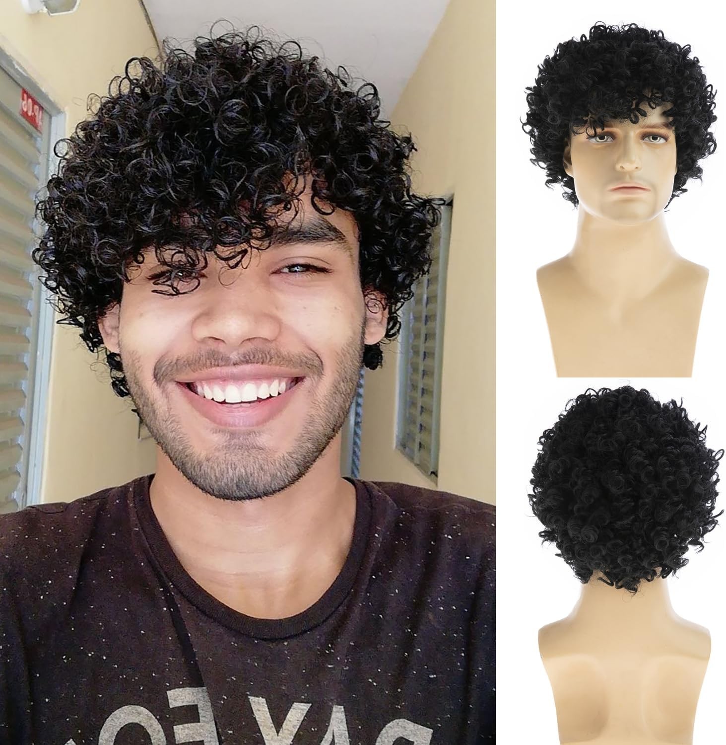 Short Curly Black Wig for Men Halloween Costume Cosplay Party Hair Wig