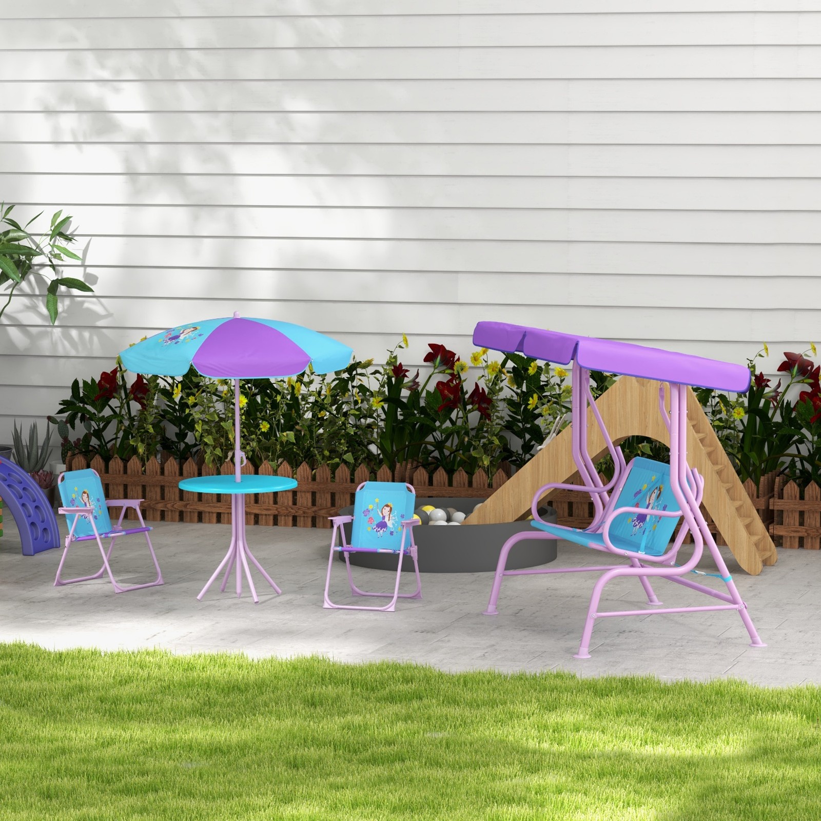 Fairytale Themed Kids Garden Furniture Set with Adjustable Canopy, Parasol