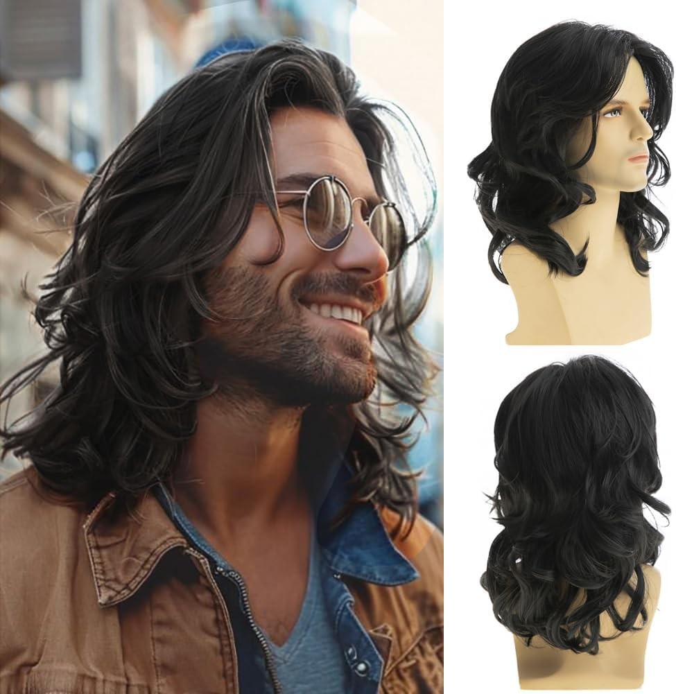 Long Black Wigs for Men Synthetic Layered Wavy Cosplay Party