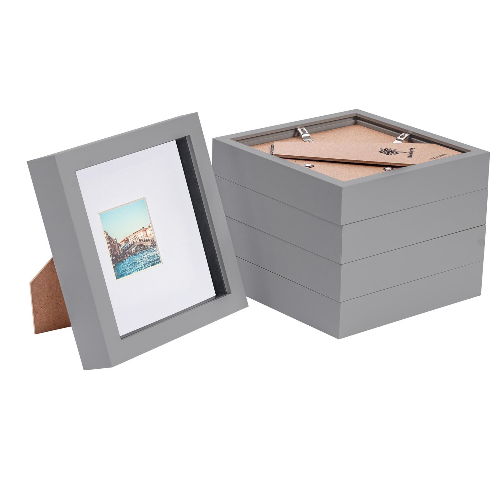 5x Grey 6" x 6" Acrylic 3D Box Photo Picture Frame - White 2" x 2" Mount