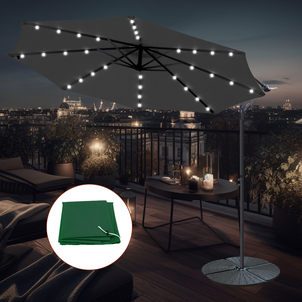 3M LED Banana Parasol Garden Hanging Cantilever Umbrella Black w/ Base Cover
