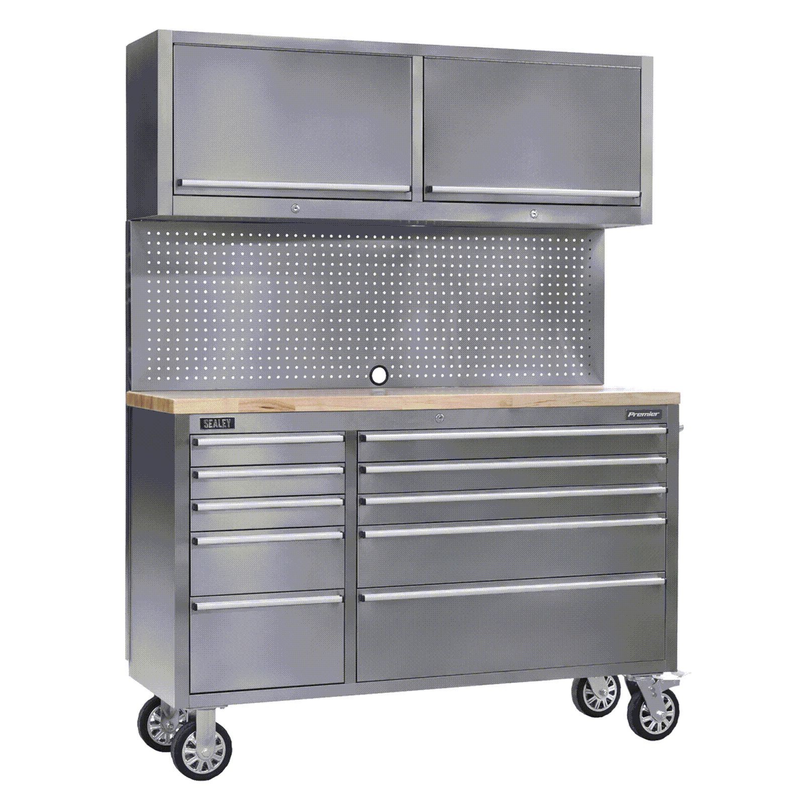 1x Sealey Stainless Steel Tool Cabinet 10 Drawer Backboard 2 Wall Cupboards