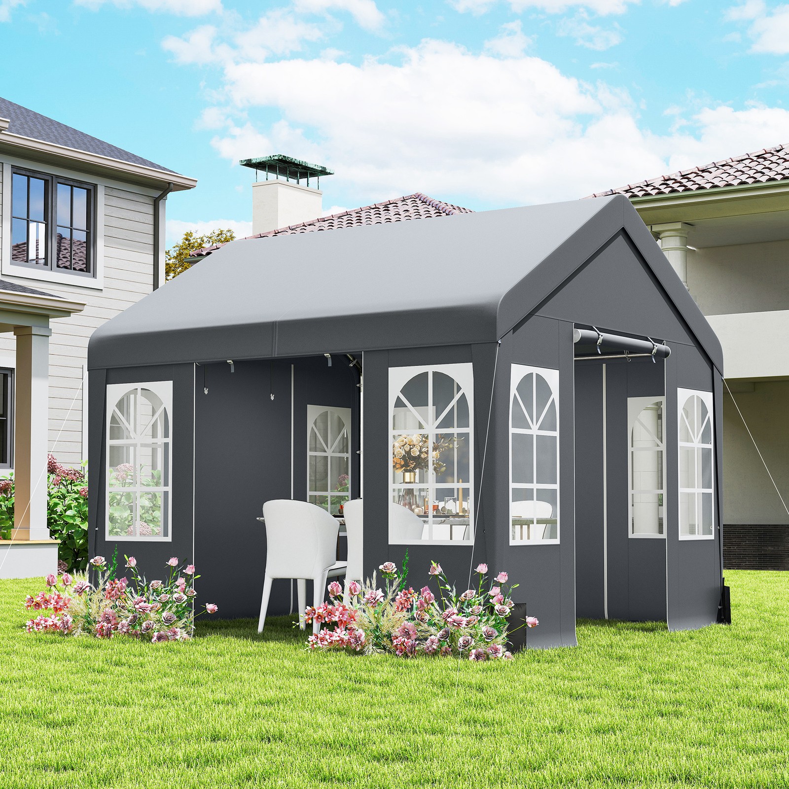 3 x 3 m Party Tent, Outdoor Canopy Tent Shelter with Sidewalls, Grey