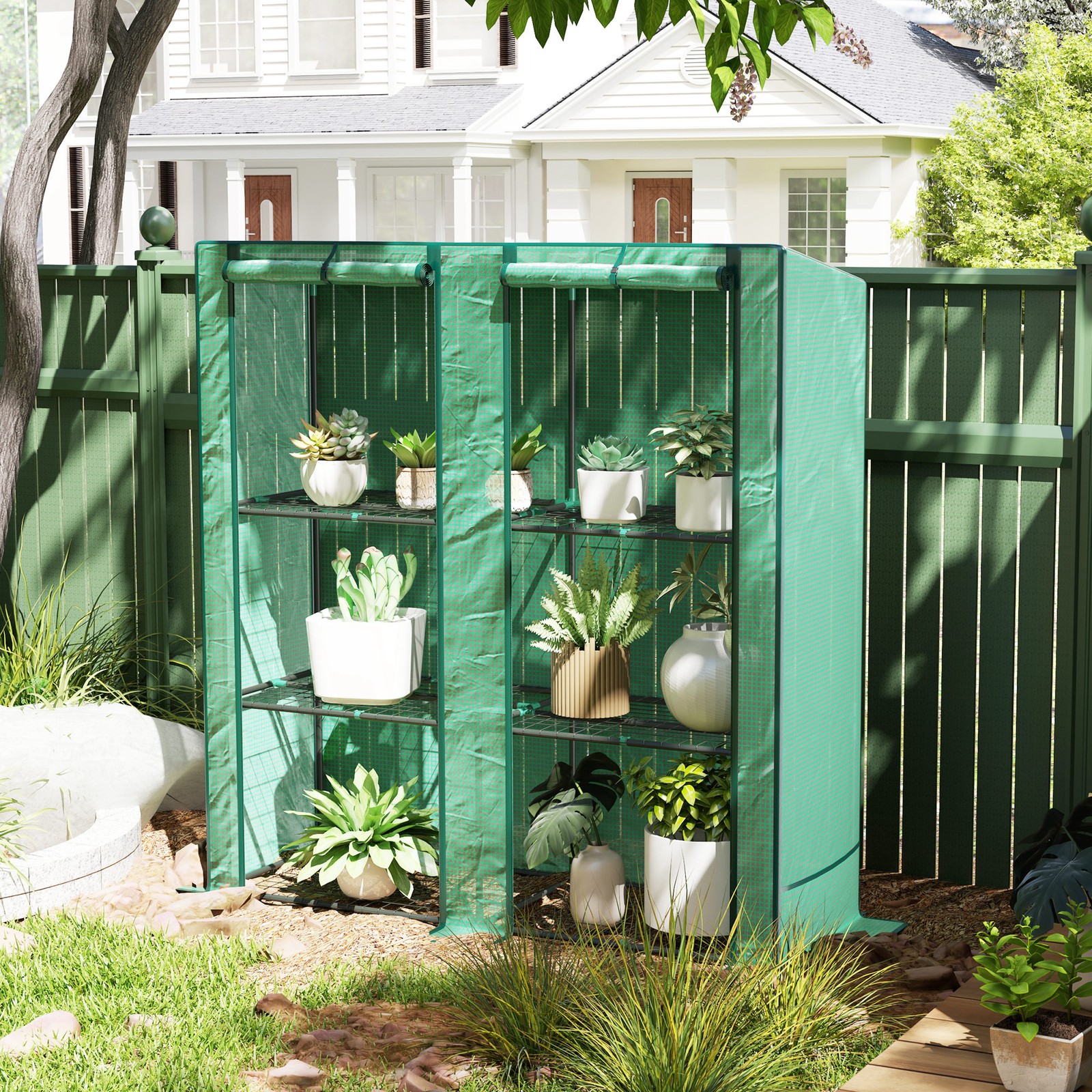 3 Tier Lean-to Mini Greenhouse with Green Hemmed Edging, Green