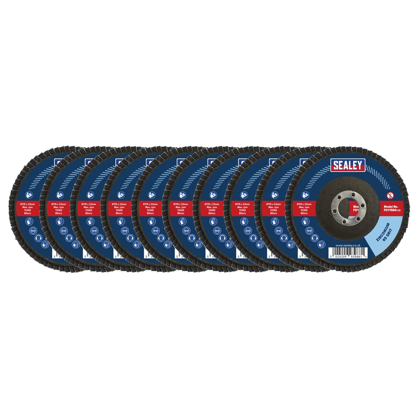 Sealey Assorted Grit Flap Discs Zirconium 115mm 22mm Bore 10Pcs Abrasive
