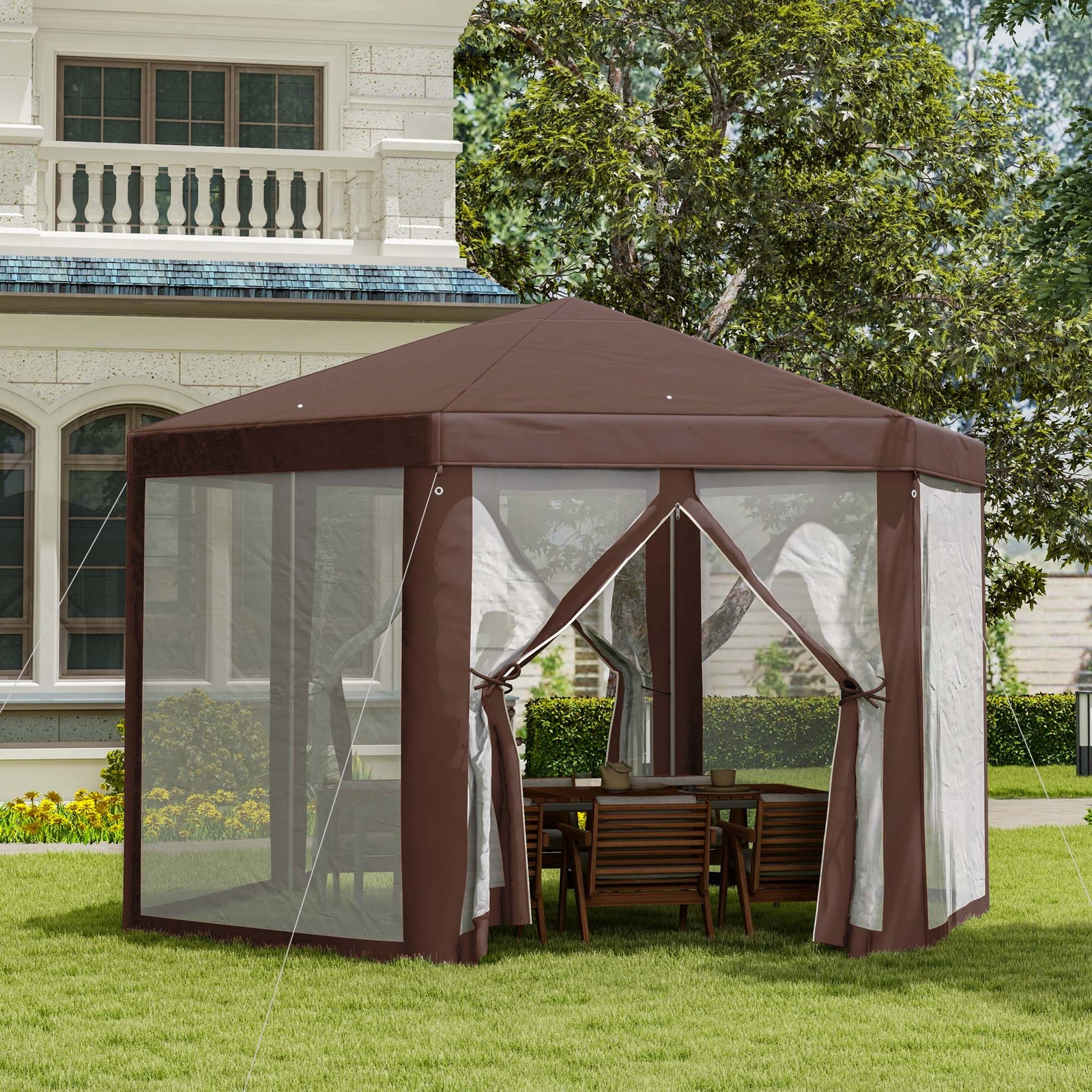 Hexagonal Outdoor Party Tent Garden Gazebo with Mosquito Netting Brown