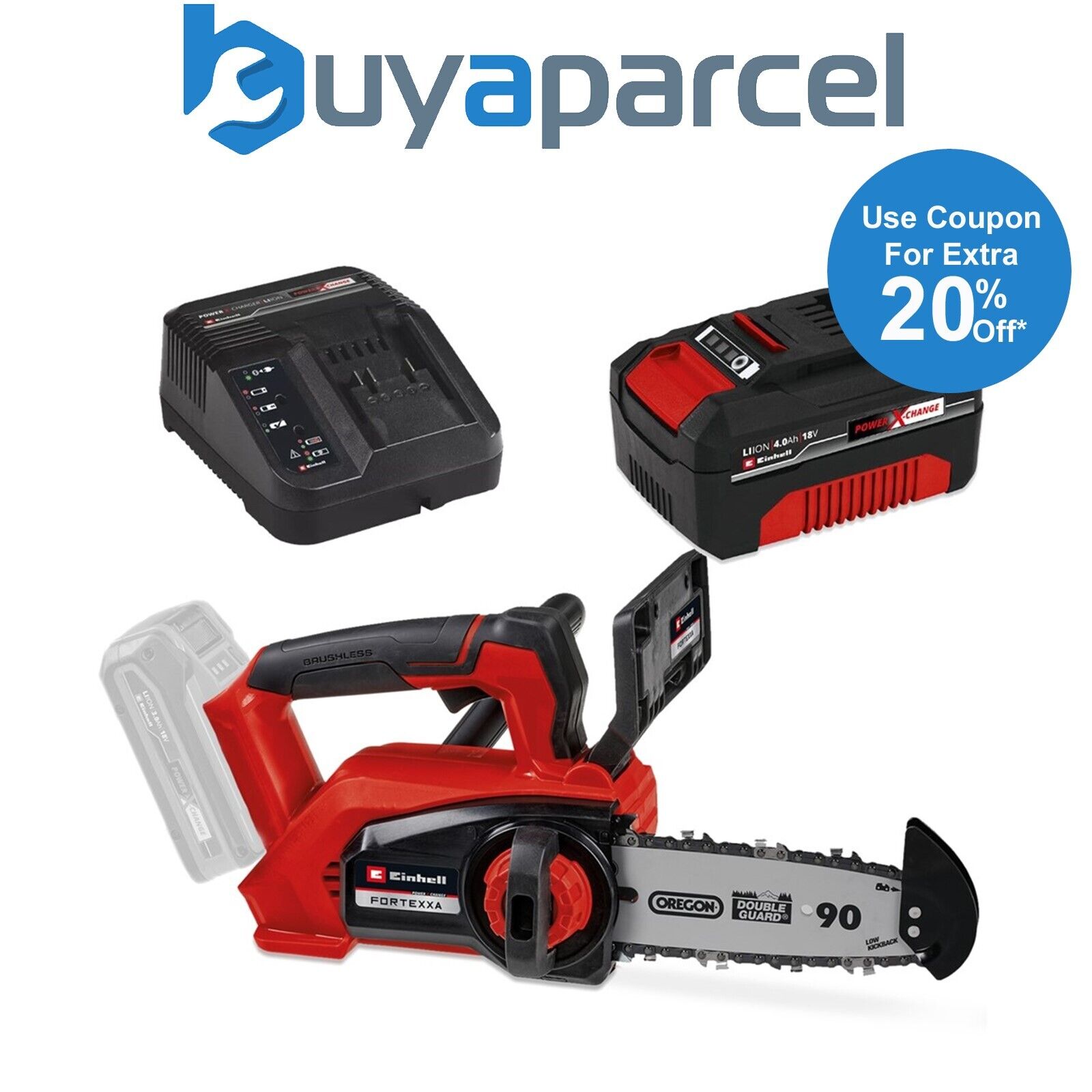 Einhell PXC 18v Cordless Brushless Chainsaw 20cm Top Handle + 4AH Charging Kit