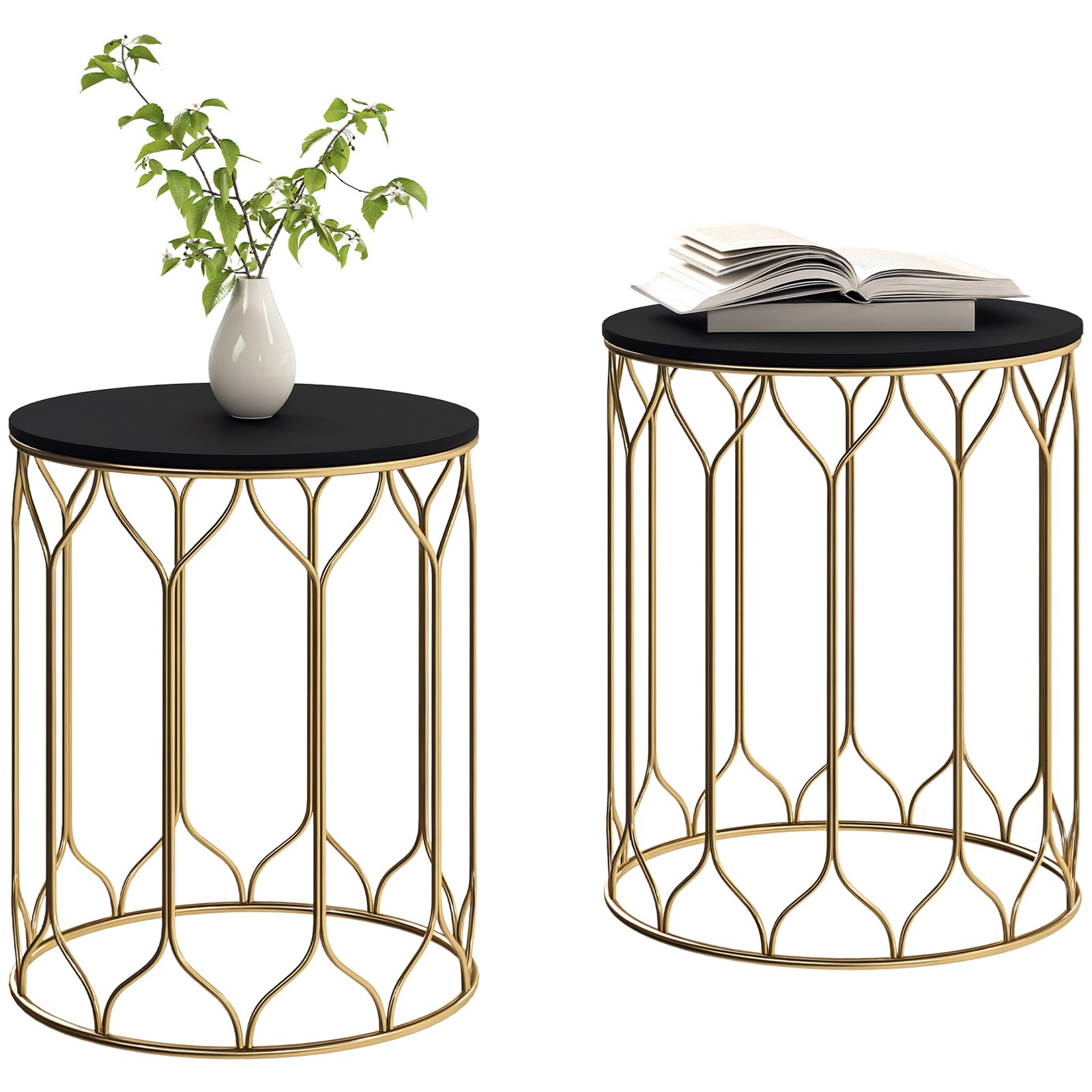 Outsunny Nesting Tables Set of 2, Marble Effect Side Tables, Black