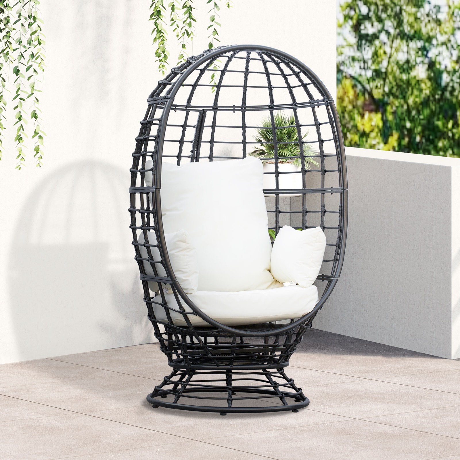 Swivel Egg Chair Outdoor Wicker Chair with Cushion and Pillow for Balcony Black
