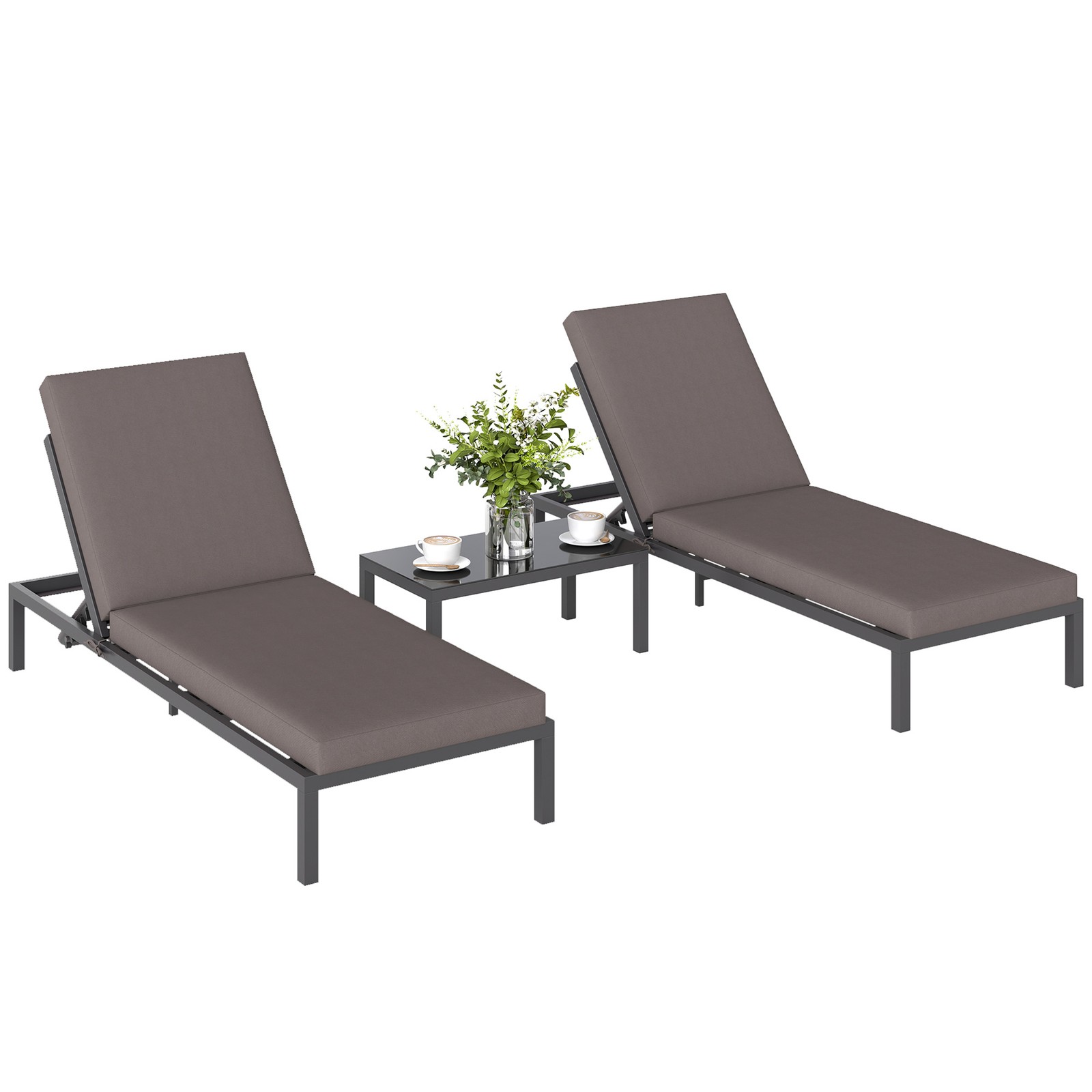 Outsunny 3-PCS PE Rattan Lounge Set, Aluminium Recliner Sofa Bed Set, Grey