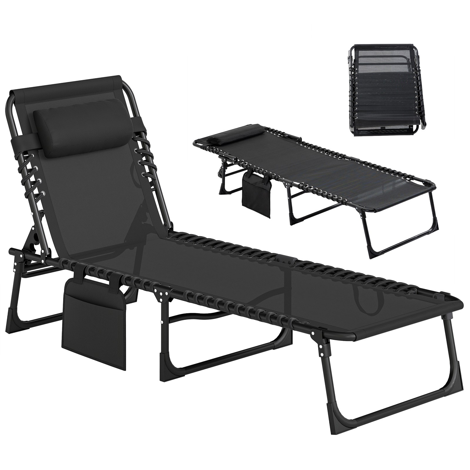 Outsunny Lounger Folding Reclining Camping Bed 5-position Adjustable Black
