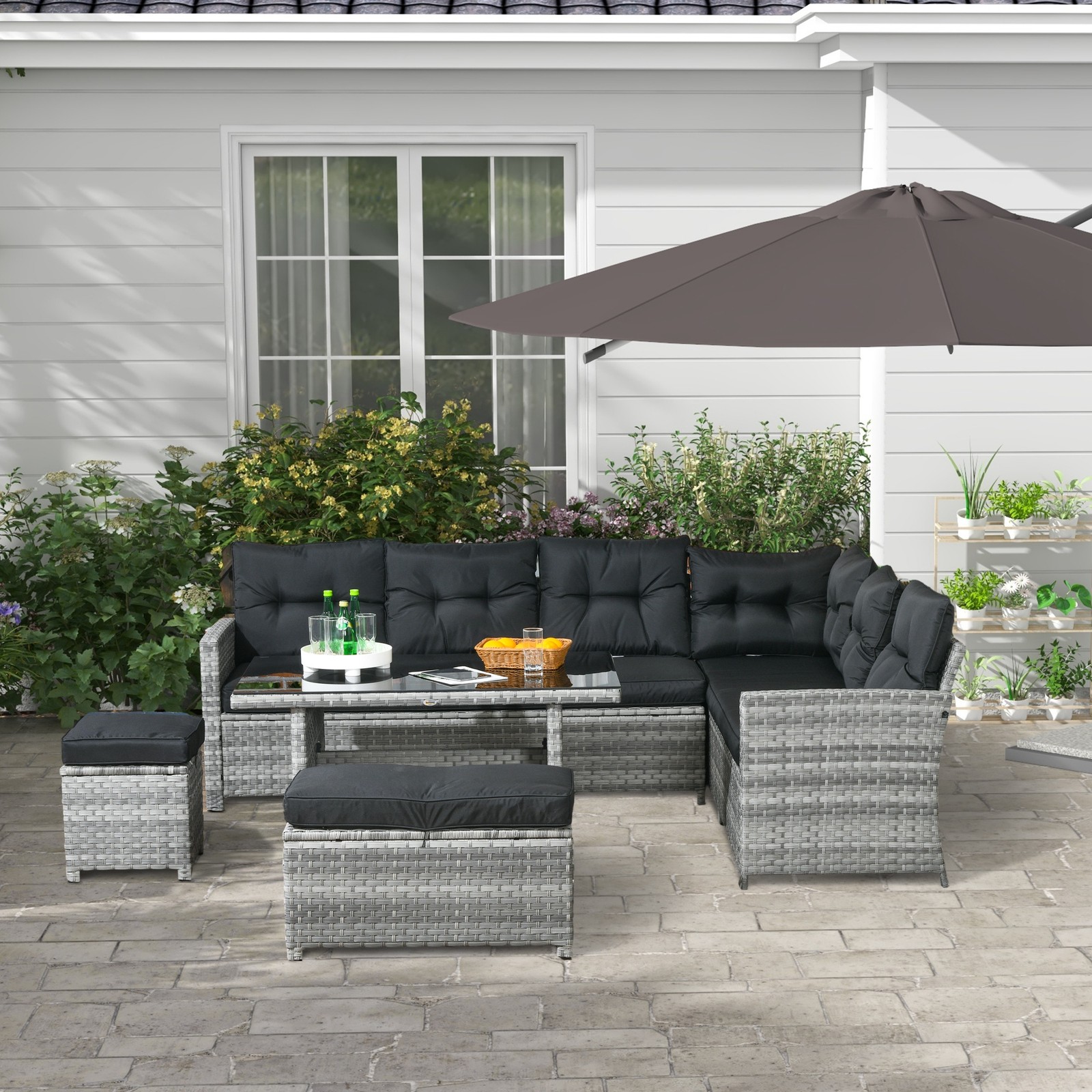 5 Pieces Rattan Garden Furniture Set with Sofa, Table, Cushions, Stools, Grey