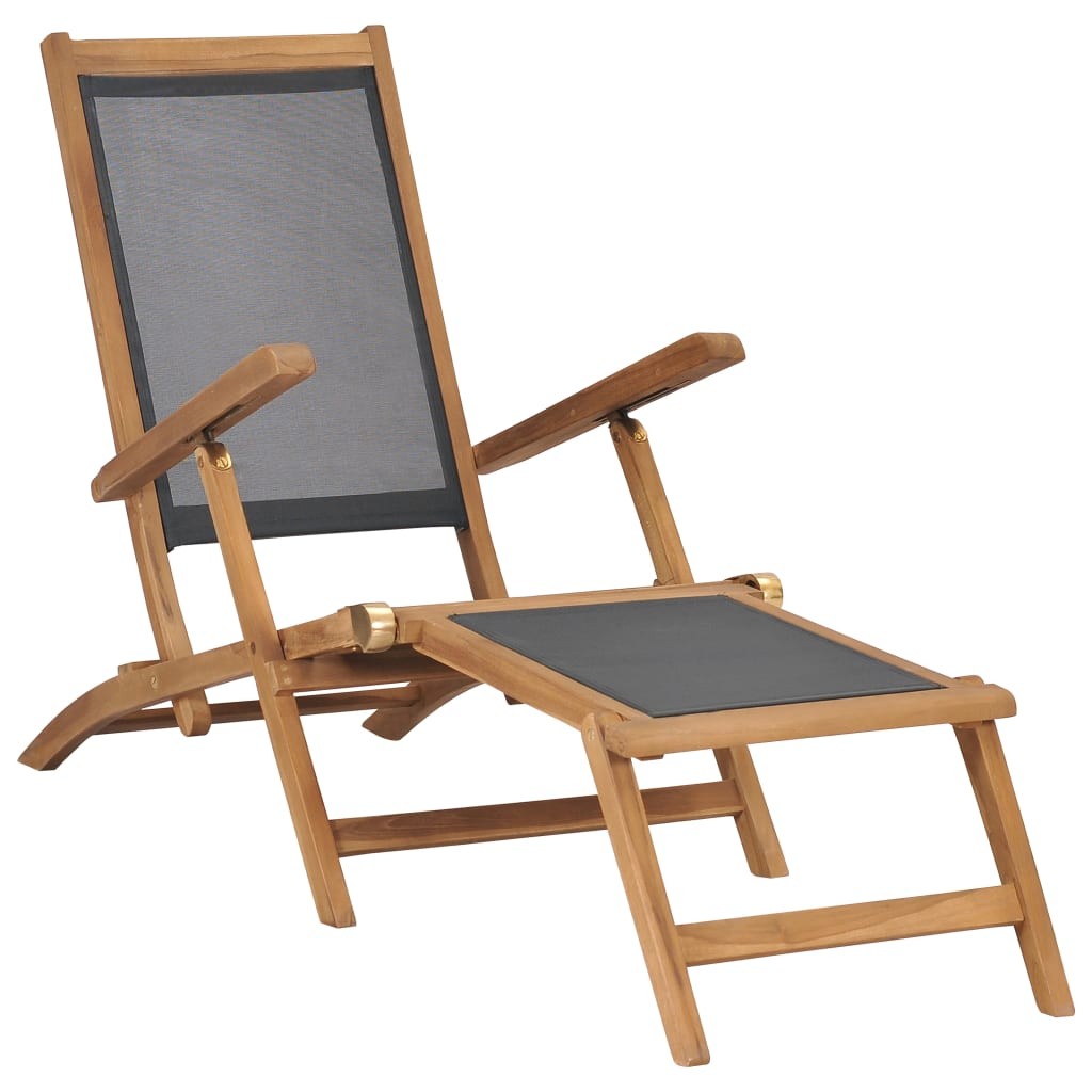 Solid Teak Wood Deck Chair with Footrest Black Outdoor Sun Lounger vidaXL