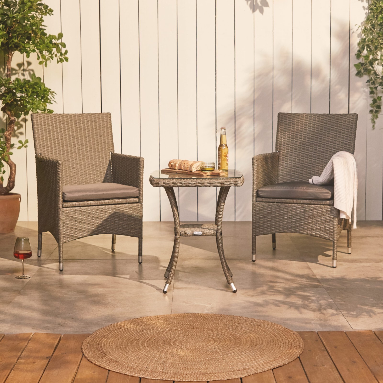 Bistro Table & Chairs Set 2, Grey Rattan Effect Garden Furniture, VonHaus
