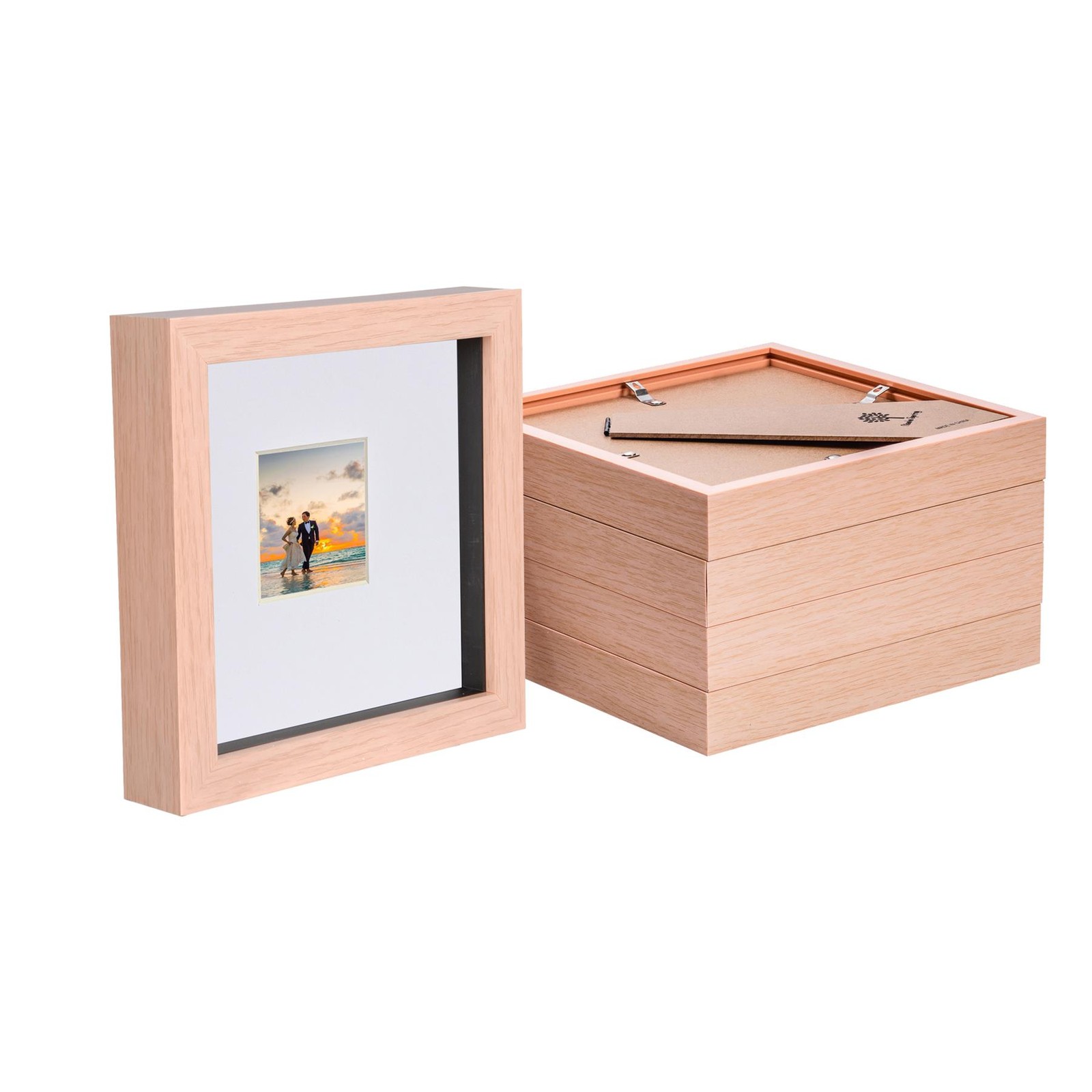 5x Light Wood 6" x 6" 3D Box Photo Frames White 2" x 2" Mount Shadow Picture