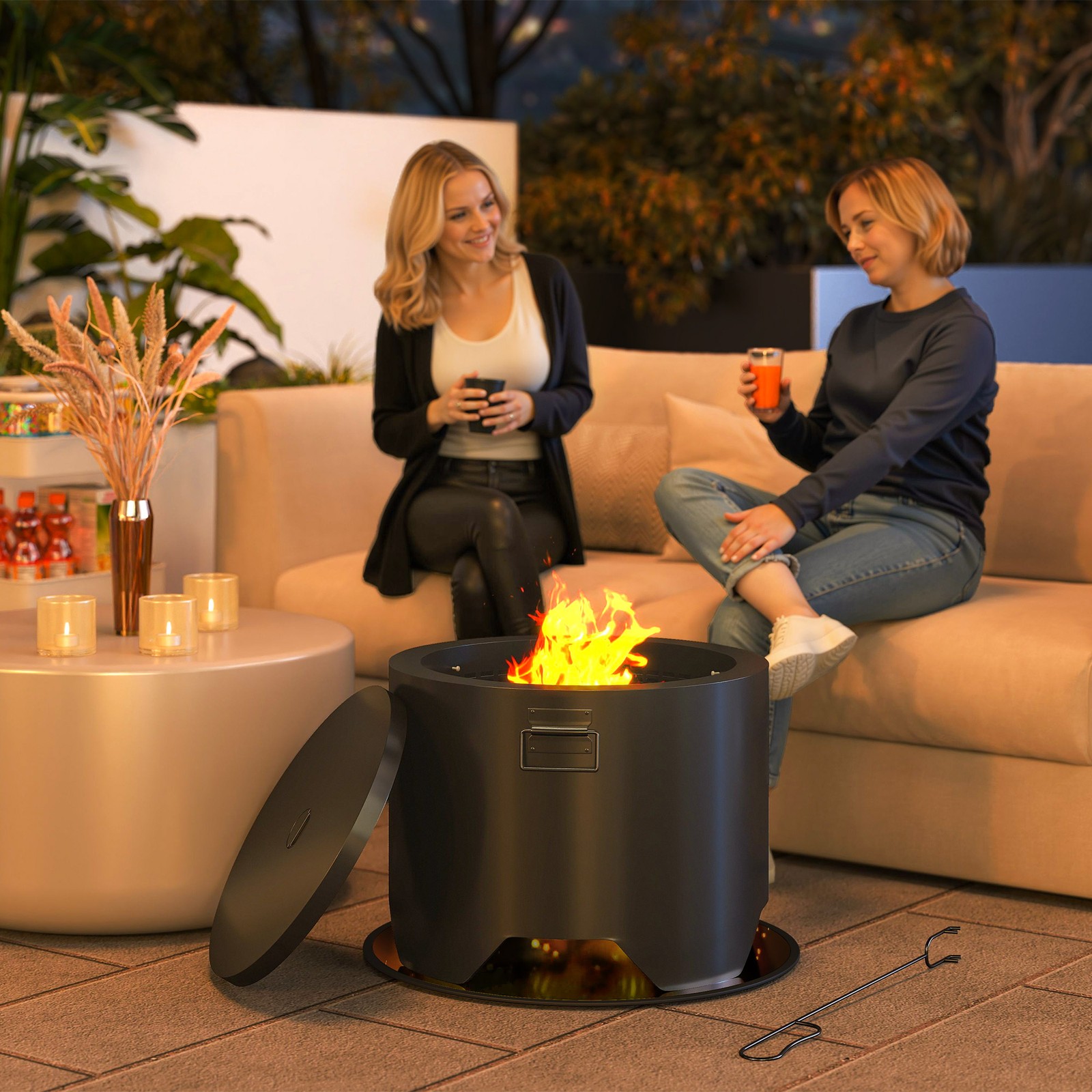 Outdoor Round Fire Pit with Lid, Firepit with Fire Poker and Floor Mat, Black