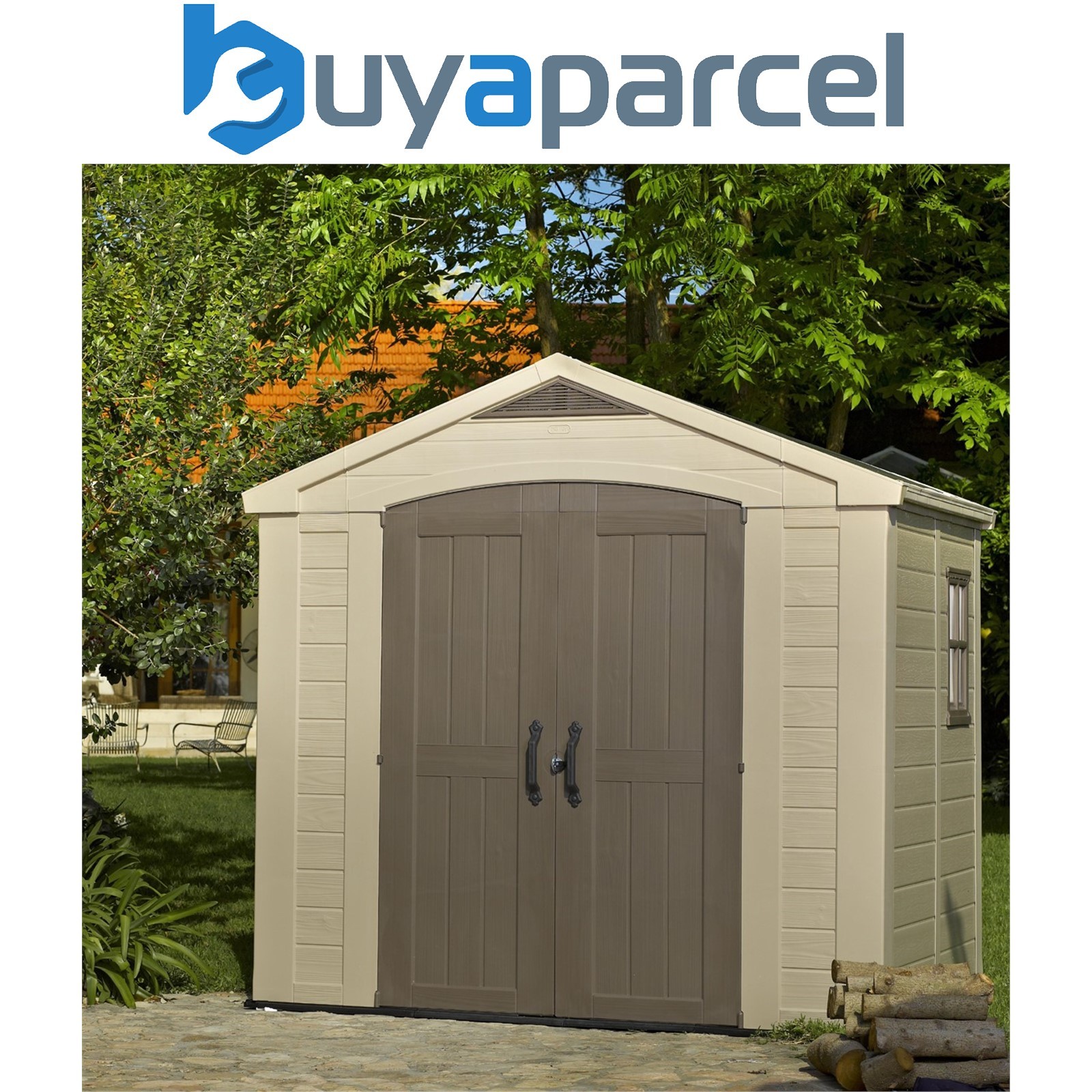 Keter Factor Beige Garden Shed 8 x 6 ft Apex Outdoor Storage Wood Effect Resin