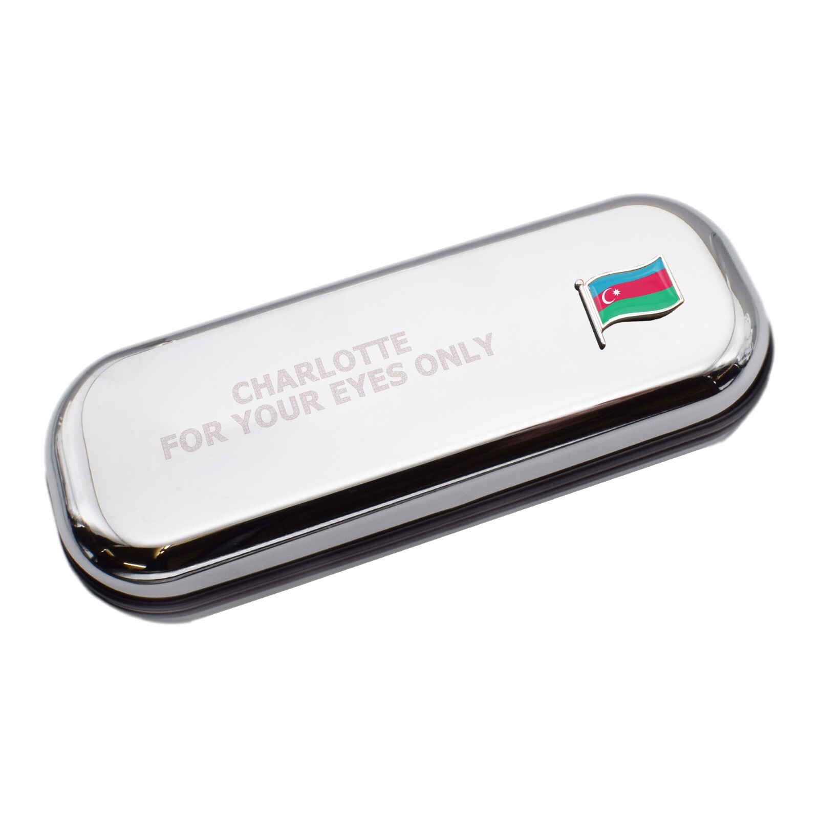 Azerbaijan Wave Flag & Engraved With Message Chromed Glasses Case Box