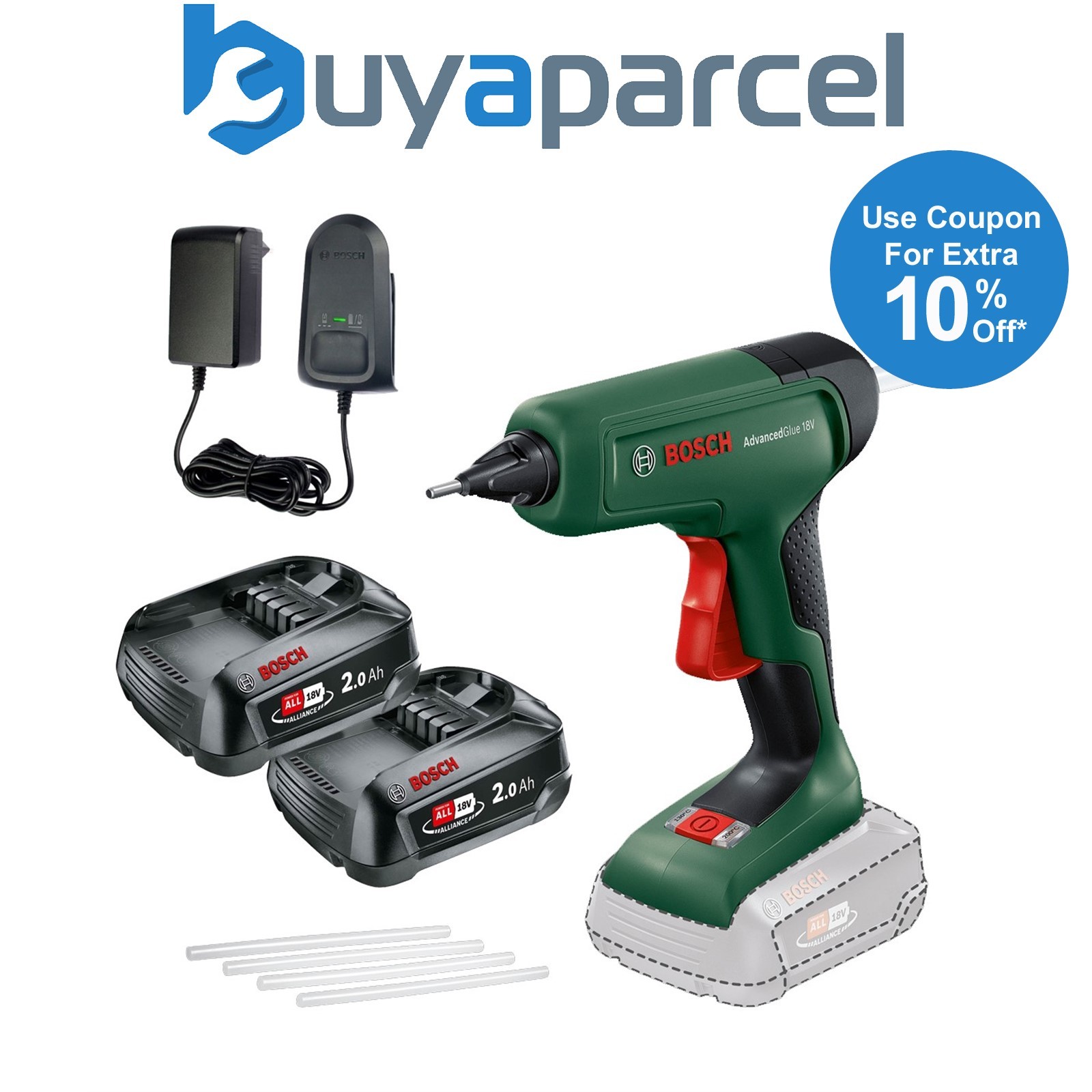 Bosch AdvancedGlue 18V Cordless Glue Gun + Sticks 2 x 2.0AH Batteries & Charger
