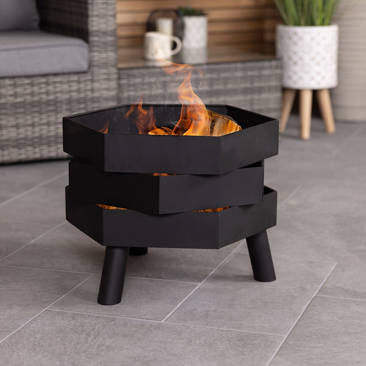 Charles Bentley Hexagonal 46cm Black Powder Coated Steel Modern Firepit