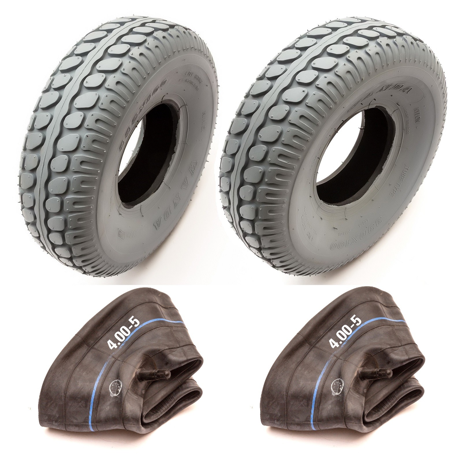 2x Tyre & Tube 4.00-5 Mobility Scooter 4Ply Grey Non Marking Block Tread Tire 5
