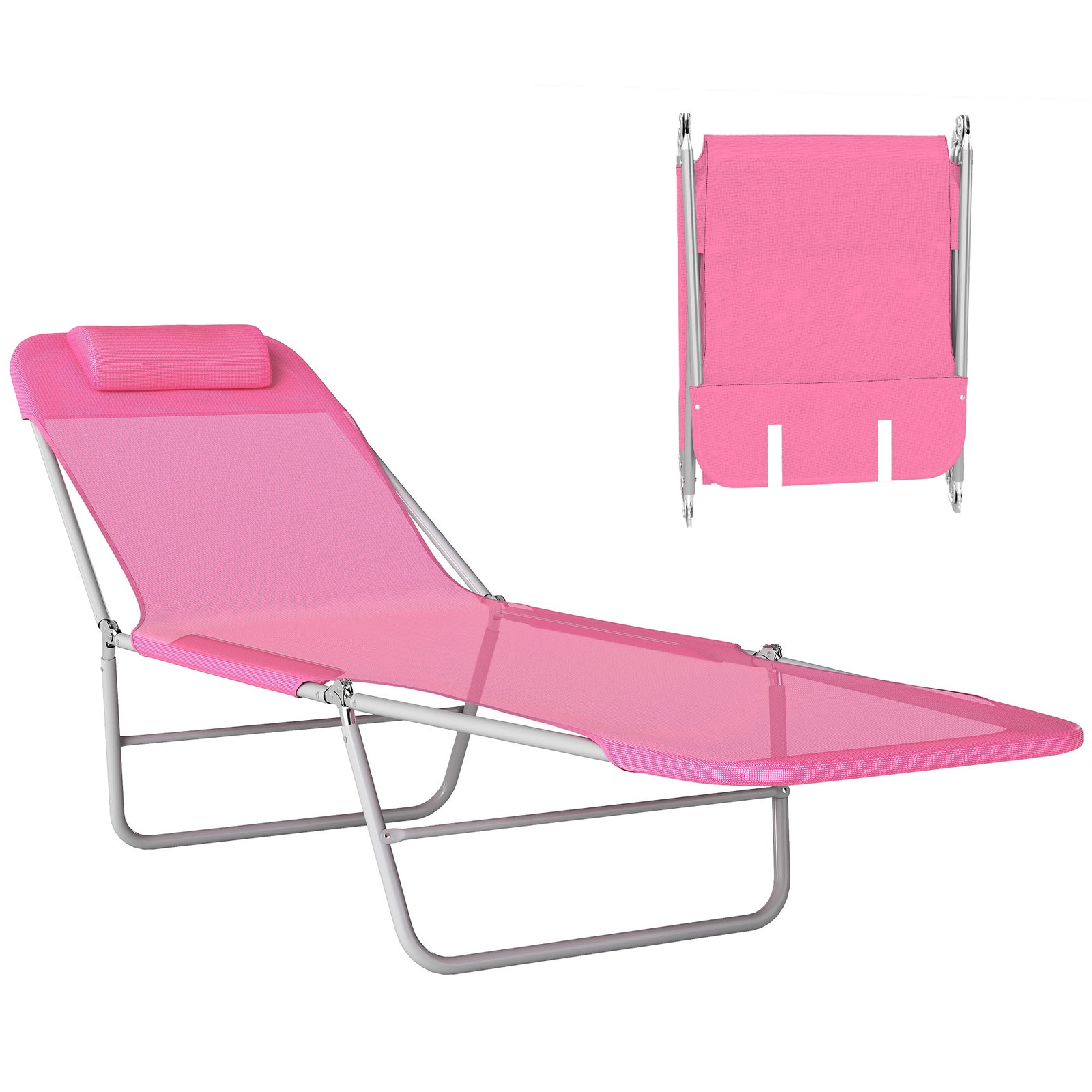 Outsunny Adjustable Sun Bed Garden Lounger Recliner Relaxing Camping Pink