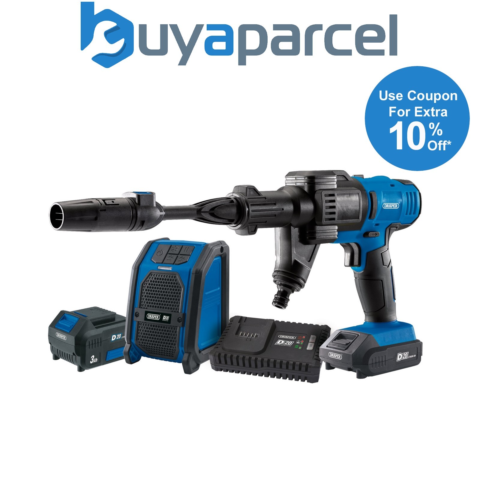 Draper 94796 D20 20V Pressure Washer, D20 20V Wireless Speaker, 1 x 2.0Ah, 1 x 3