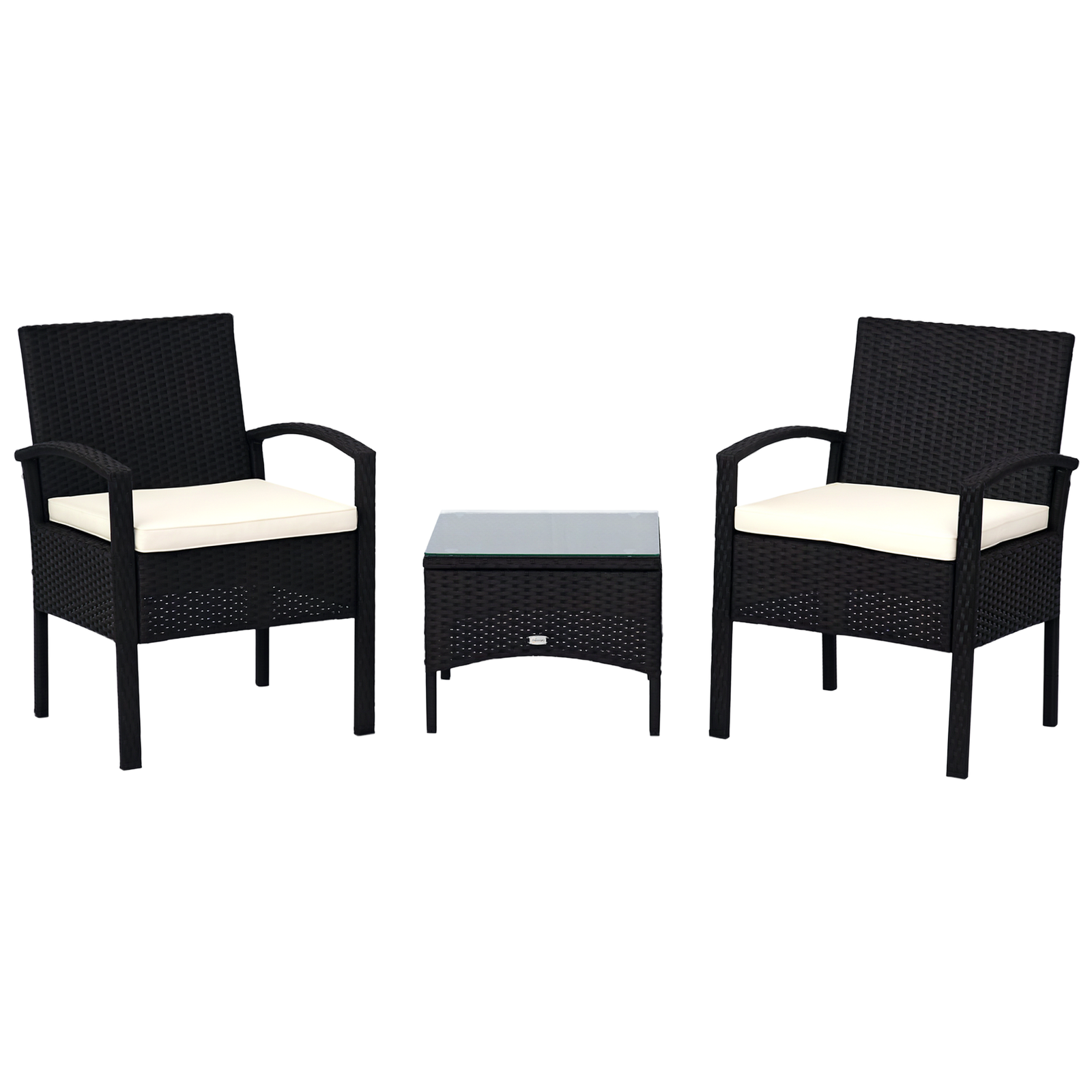 Outsunny 3PC Garden Rattan Bistro Set with Glass Top Table, Black