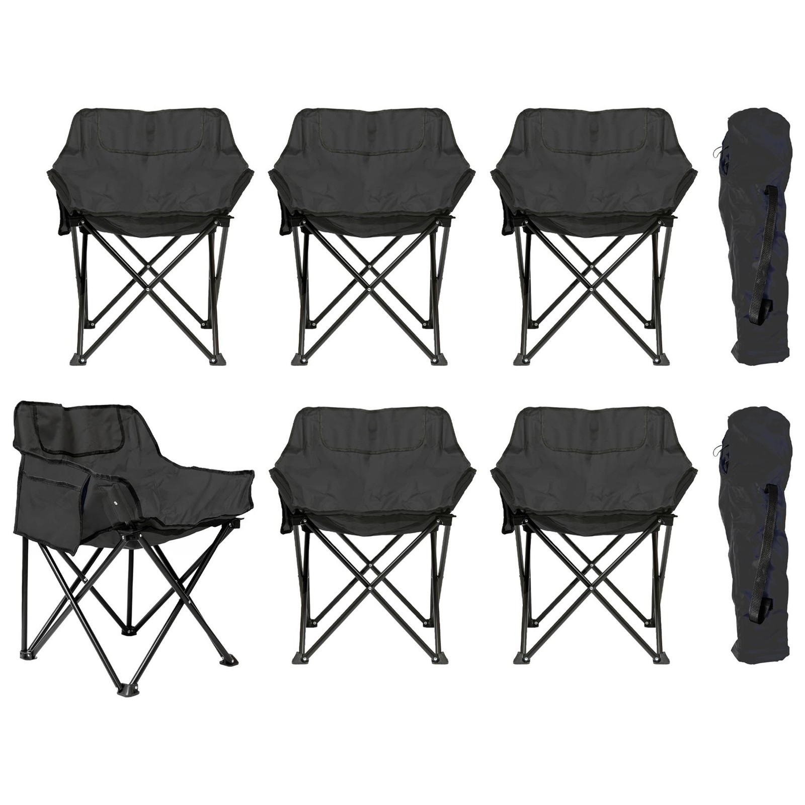 6x Premium Folding Camping Chairs with Pockets & Carry Bag Black Portable Seat