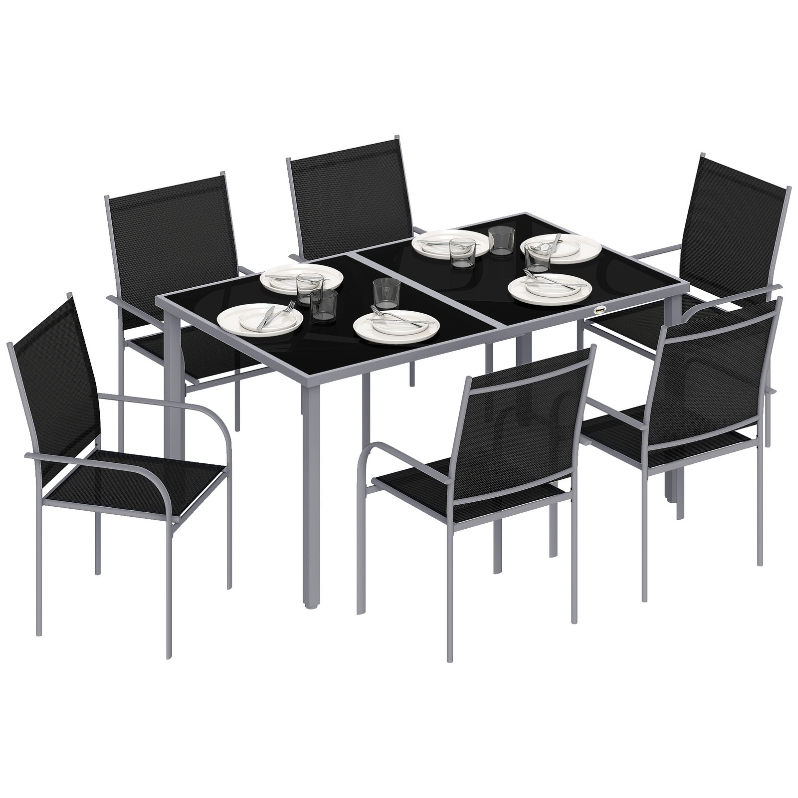 Outsunny 7 Piece Garden Dining Set, Steel Outdoor Table and Chairs, Black