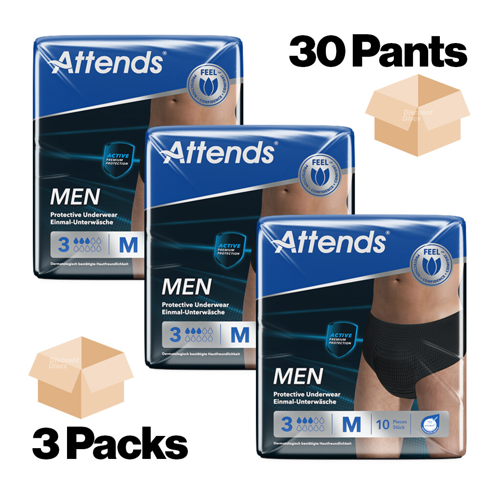 Attends Mens Black Protective Incontinence Underwear 3M Medium - 3 Packs of 10