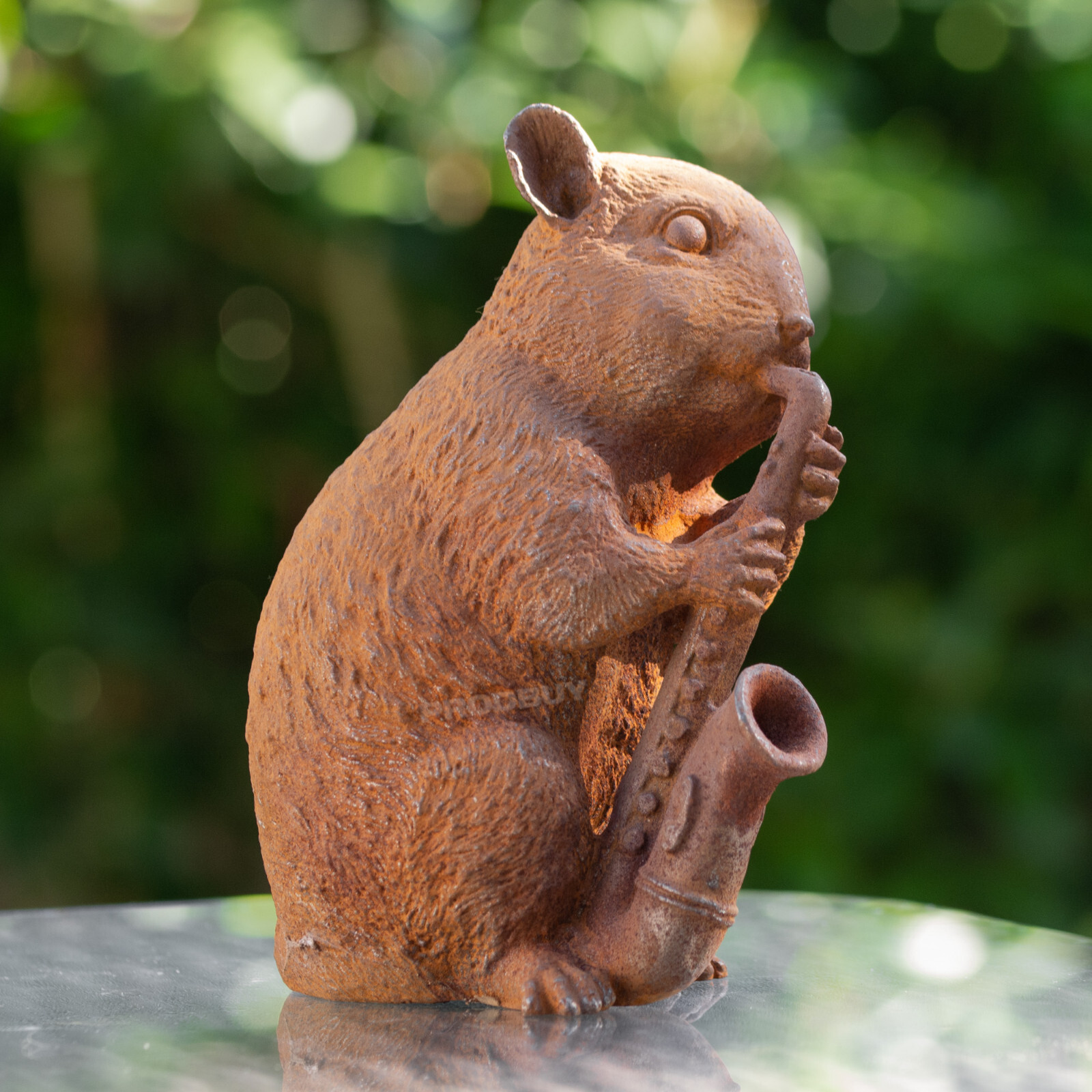 Cast Iron Rusty Saxophone Mouse Garden Ornament Sculpture Decoration Figure Gift