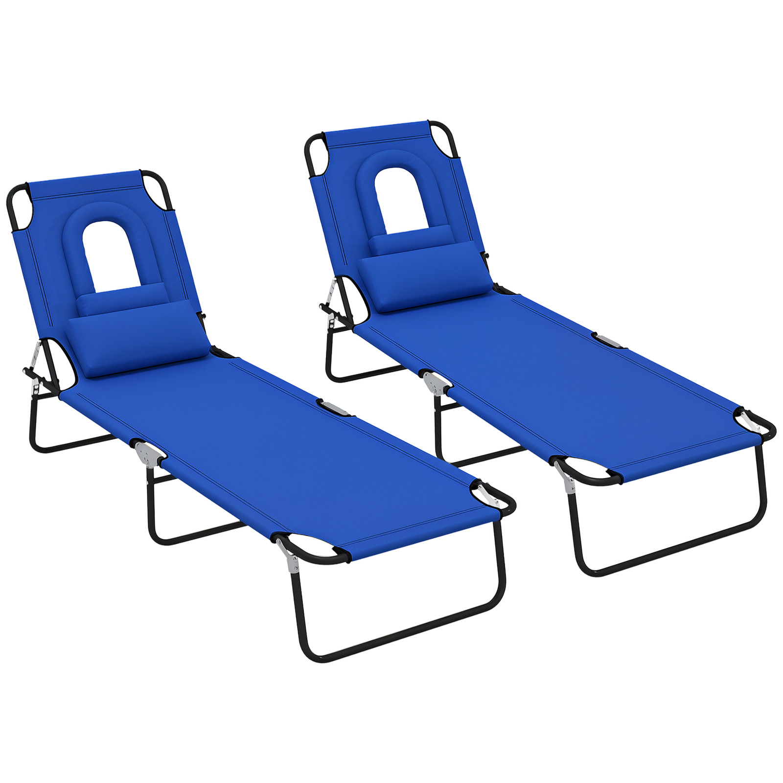 Outsunny Folding Sun Lounger Set of 2 Reclining Chair with Reading Hole Blue